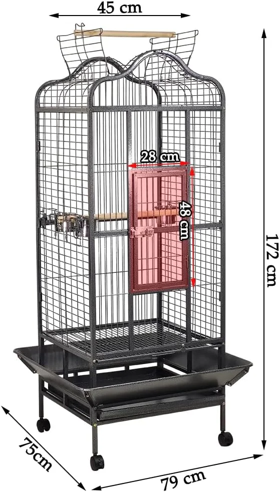 قفس پرنده ماجیباو برای پرندگان کوچک تا متوسط، قفس پرنده فلزی بادوام با طراحی سقف باز، کاسه های غذا، نشیمنگاه های چوبی، سینی قابل جابجایی و چرخ های جهانی 172 سانتی متر (مشکی)