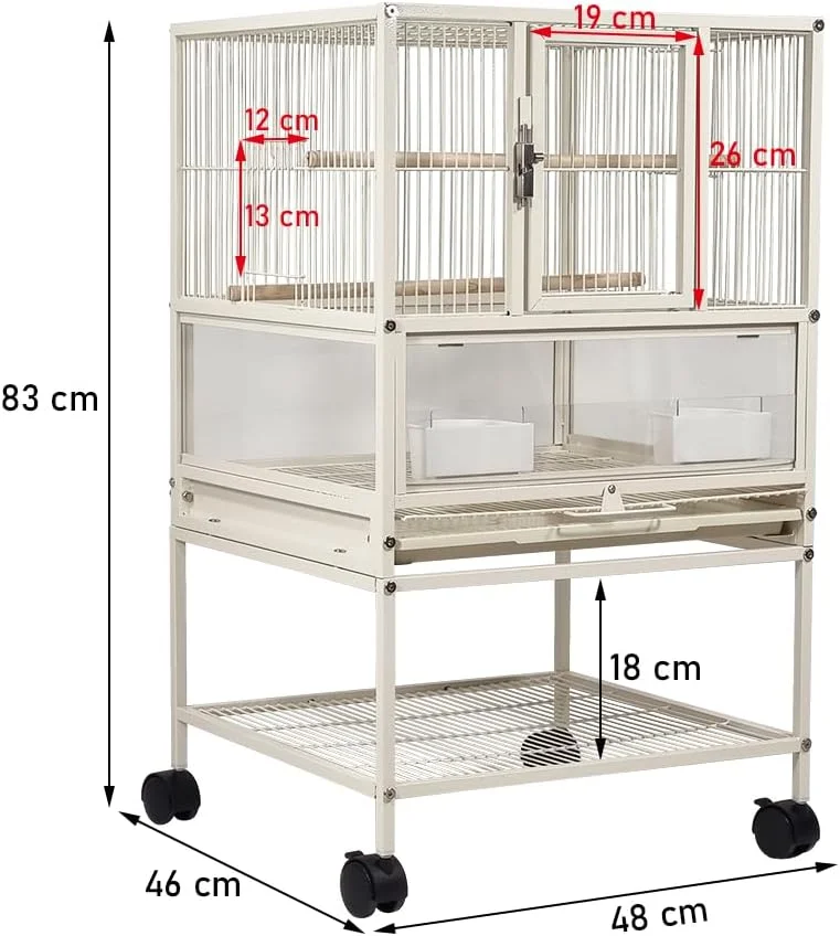 قفس پرنده شفاف استیل ضد زنگ با قفسه های ذخیره سازی و 2 کاسه غذا برای مرغ عشق سفید - 83 سانتی متر | قفس کانور و سایر پرندگان کوچک | نشیمنگاه پرندگان | ظرف غذا