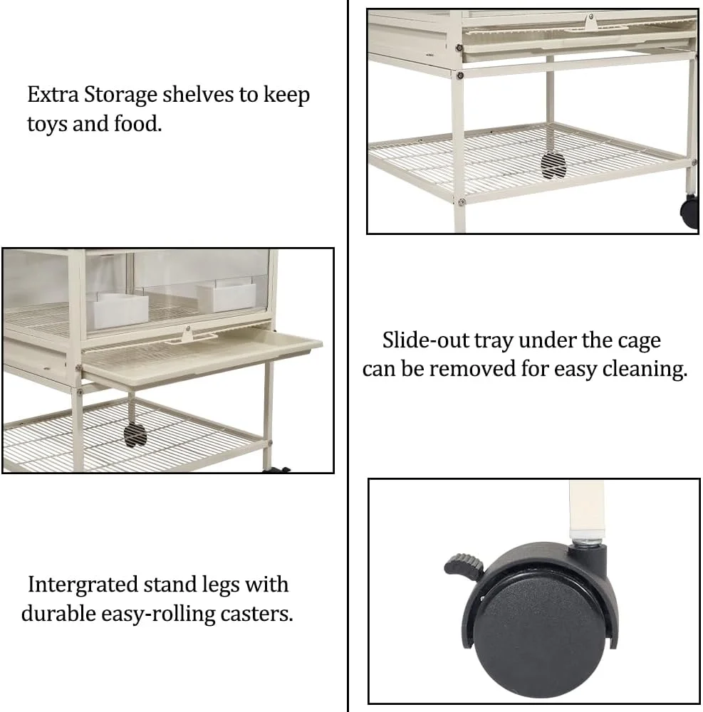 قفس پرنده شفاف استیل ضد زنگ با قفسه های ذخیره سازی و 2 کاسه غذا برای مرغ عشق سفید - 83 سانتی متر | قفس کانور و سایر پرندگان کوچک | نشیمنگاه پرندگان | ظرف غذا