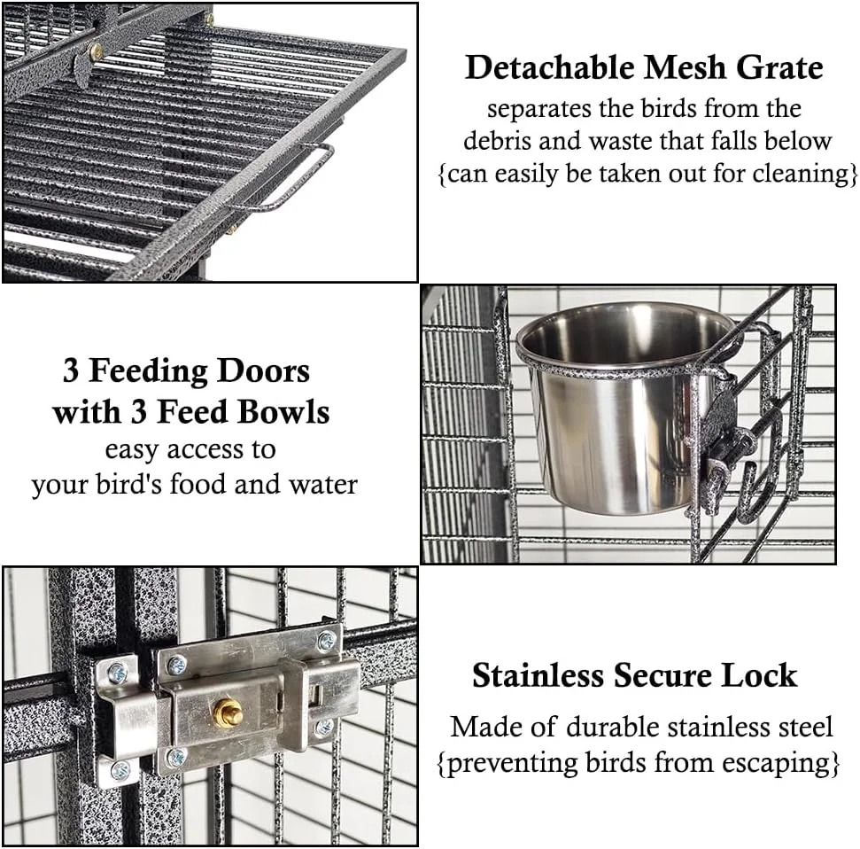 قفس پرنده ماجیباو برای پرندگان کوچک تا متوسط، قفس پرنده فلزی بادوام با طراحی سقف باز، کاسه های غذا، نشیمنگاه های چوبی، سینی قابل جابجایی و چرخ های جهانی 172 سانتی متر (مشکی)