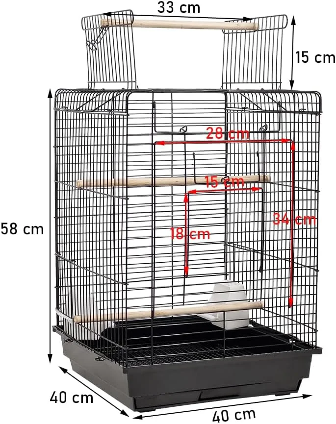 قفس پرنده سیاه - سقف بازشو به همراه کاسه های غذا، سینی جداشدنی، مناسب برای مرغ عشق، قناری و عروس هلندی (73 سانتی متر)