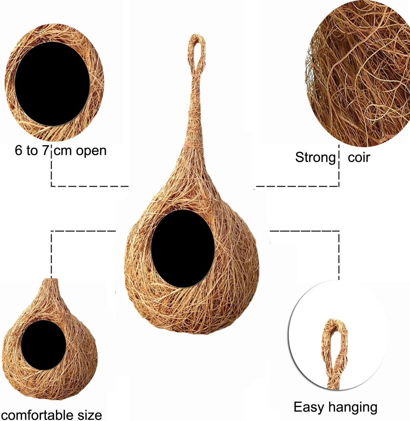 لانه پرنده گرد ارگانیک ایمن LIVEONCE، دست ساز، مناسب گنجشک/پرندگان کوچک، جنس نارگیل، رنگ قهوه ای، ست 2 عددی - (بزرگ) - ارتفاع 25 سانتی متر، قطر 15 سانتی متر