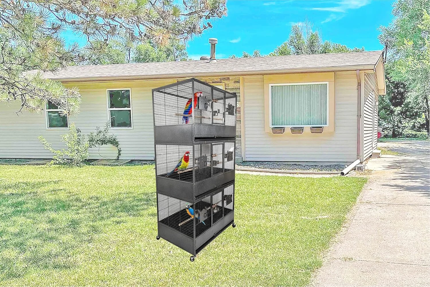 قفس پرنده چند محفظه ای مشکی - 186 سانتی متر | کاسه های استیل ضد زنگ غذا | قفس مدرن زیبا | خانه پرندگان قوی | استفاده در فضای داخلی | مونتاژ آسان | قفس پرنده با طراحی سقف 3 لایه جادار