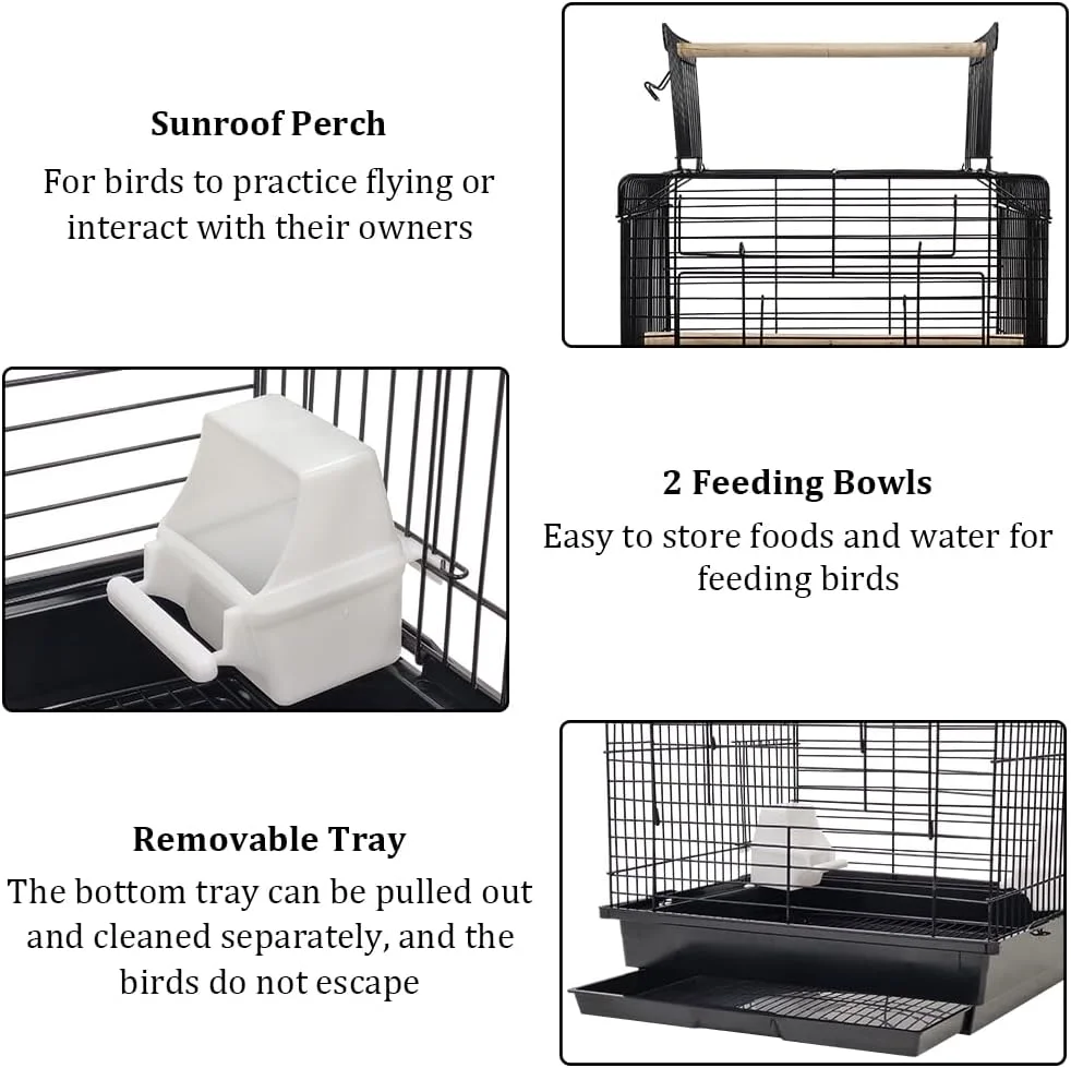 قفس پرنده سیاه - سقف بازشو به همراه کاسه های غذا، سینی جداشدنی، مناسب برای مرغ عشق، قناری و عروس هلندی (73 سانتی متر)