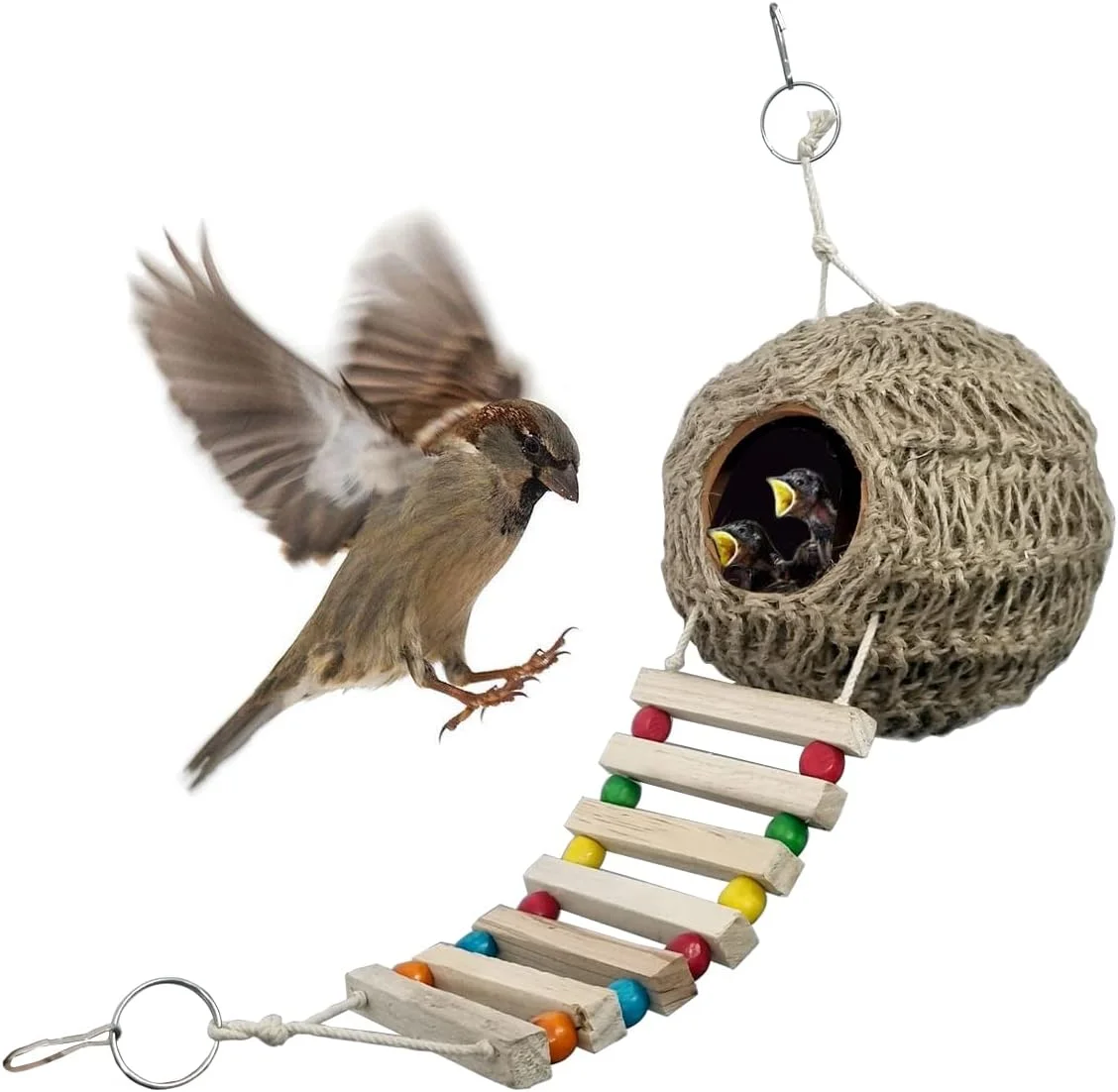 لانه پرنده محصولات حیوانات خانگی جینسان با اسباب بازی های جویدنی - اسباب بازی های قفس آویز پرنده مناسب برای پاراکیت های کوچک، عروس هلندی، کانور، فنچ، مرغ عشق، ماکائو، طوطی، مرغ عشق (بسته ترکیبی با لانه)