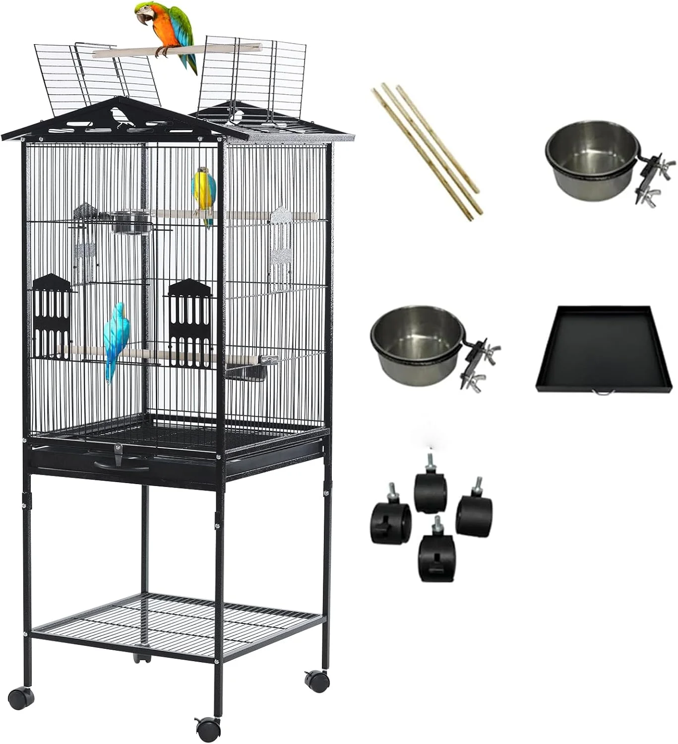 قفس پرنده فلزی بزرگ اینگونار سایز 52 اینچ با سقف باز، قفس ایستاده طوطی/مرغ عشق، قفس پرواز پرنده با پایه چرخ دار و سینی زیر، خانه ویلایی پرنده با 2 فنجان تغذیه استیل ضد زنگ برای پرندگان