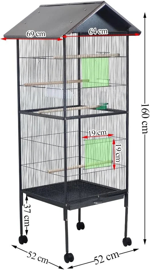 قفس پرنده با طراحی سقف خانه، میله های چوبی، فنجان های غذا، سینی کشویی و چرخ های جهانی، قفس بادوام برای طوطی ها، عروس هلندی و مرغ عشق، مونتاژ آسان، 135 سانتی متر (مشکی)
