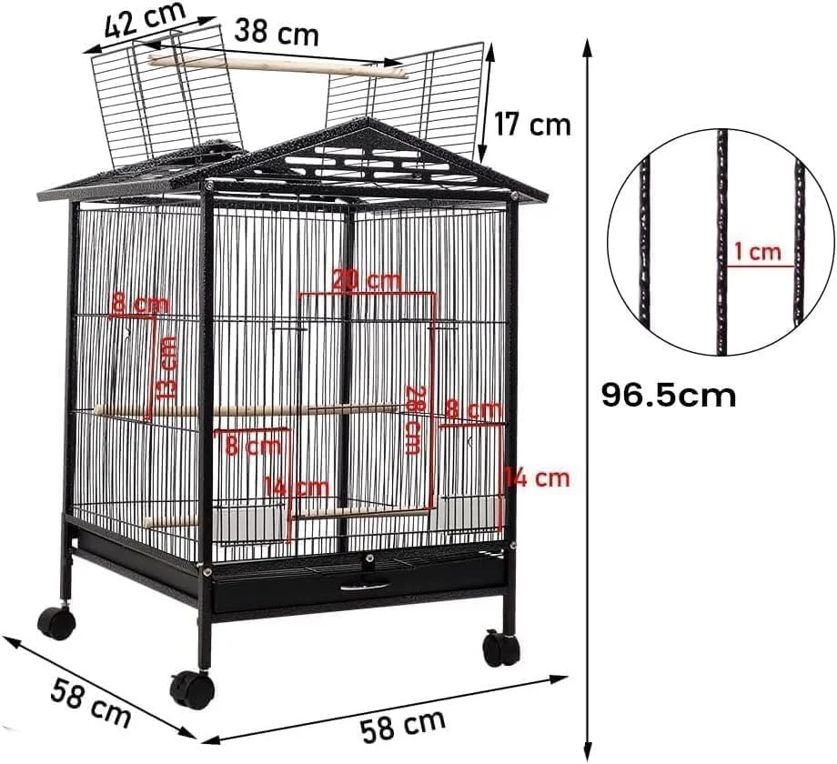 قفس بزرگ پرنده HOPHOP™ - قفس طوطی فلزی 38 اینچی با پایه چرخ دار، سینی قابل جابجایی، جعبه لانه، آبخوری، میله نشیمن برای پرندگان کوچک و متوسط، ماکائو، مرغ عشق، قفس پرورش