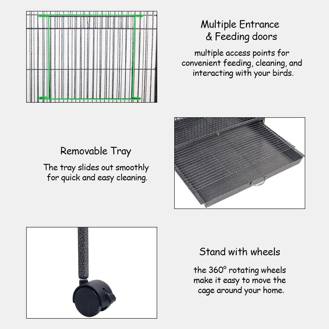 قفس پرنده با طراحی سقف خانه، میله های چوبی، فنجان های غذا، سینی کشویی و چرخ های جهانی، قفس بادوام برای طوطی ها، عروس هلندی و مرغ عشق، مونتاژ آسان، 135 سانتی متر (مشکی)