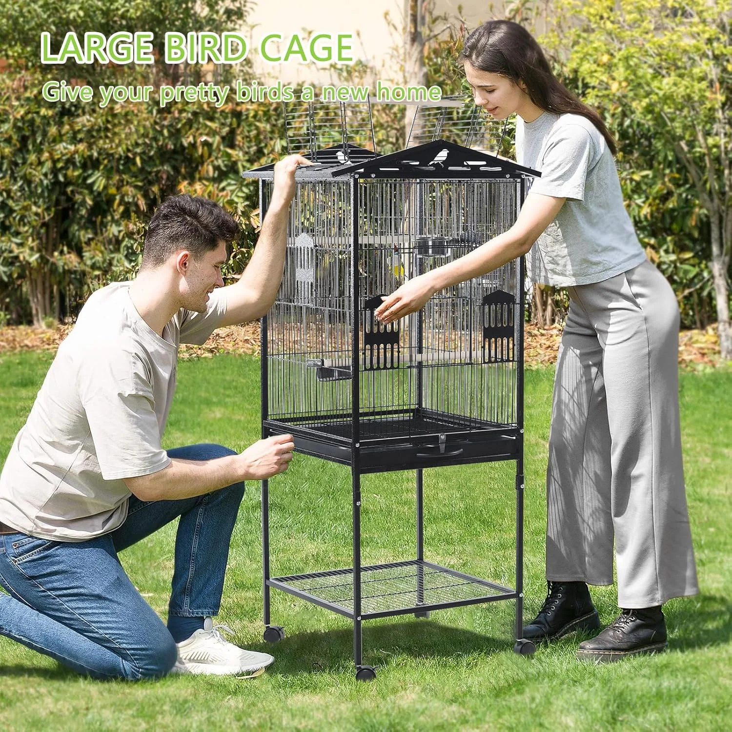 قفس پرنده فلزی بزرگ اینگونار سایز 52 اینچ با سقف باز، قفس ایستاده طوطی/مرغ عشق، قفس پرواز پرنده با پایه چرخ دار و سینی زیر، خانه ویلایی پرنده با 2 فنجان تغذیه استیل ضد زنگ برای پرندگان