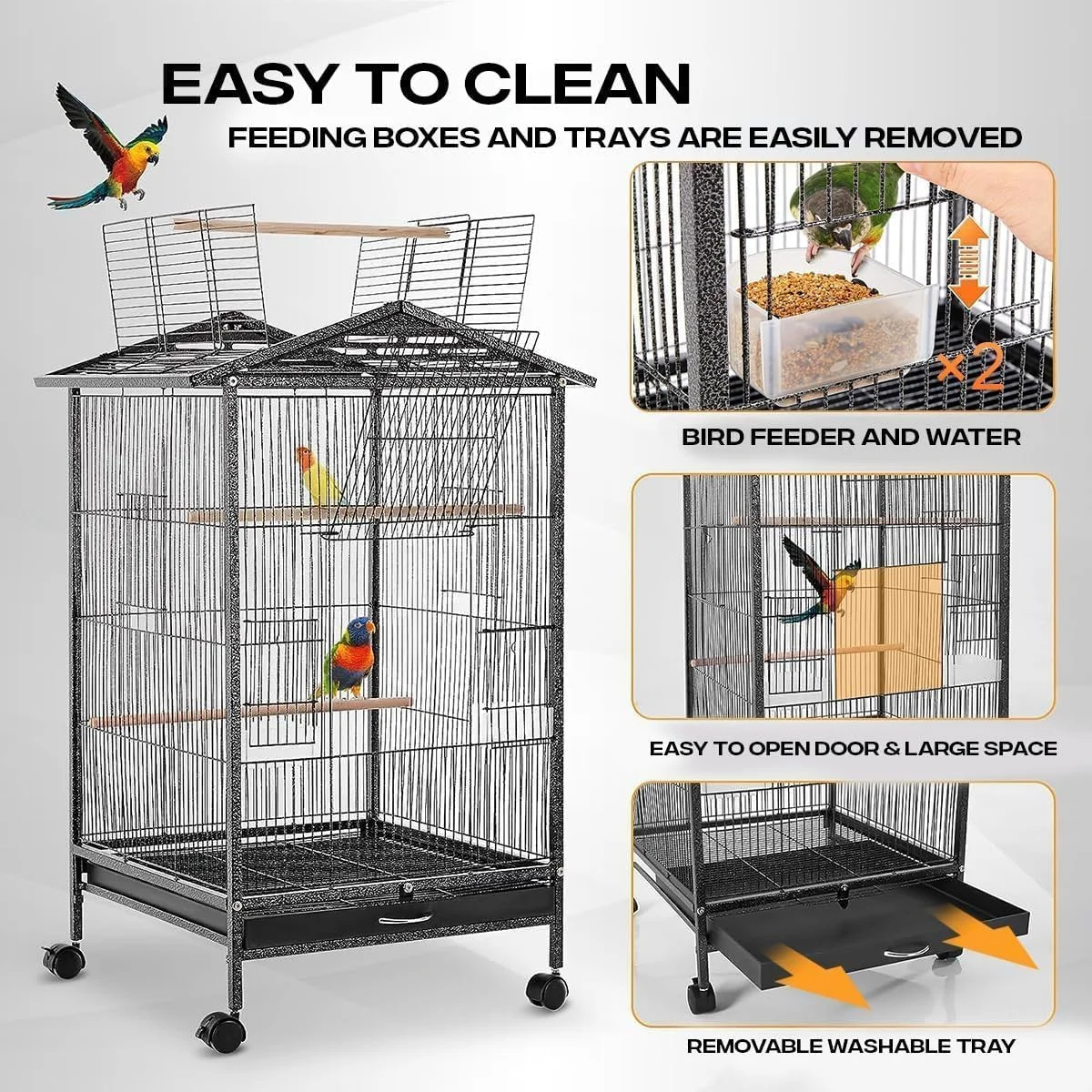 قفس بزرگ پرنده HOPHOP™ با پایه چرخ دار - قفس طوطی 38 اینچی با سینی قابل جابجایی، غذاخوری، آبخوری، محل لانه سازی برای پرندگان کوچک تا متوسط، مرغ عشق، عروس هلندی، مرغ باجریگار، طوطی، کبوتر