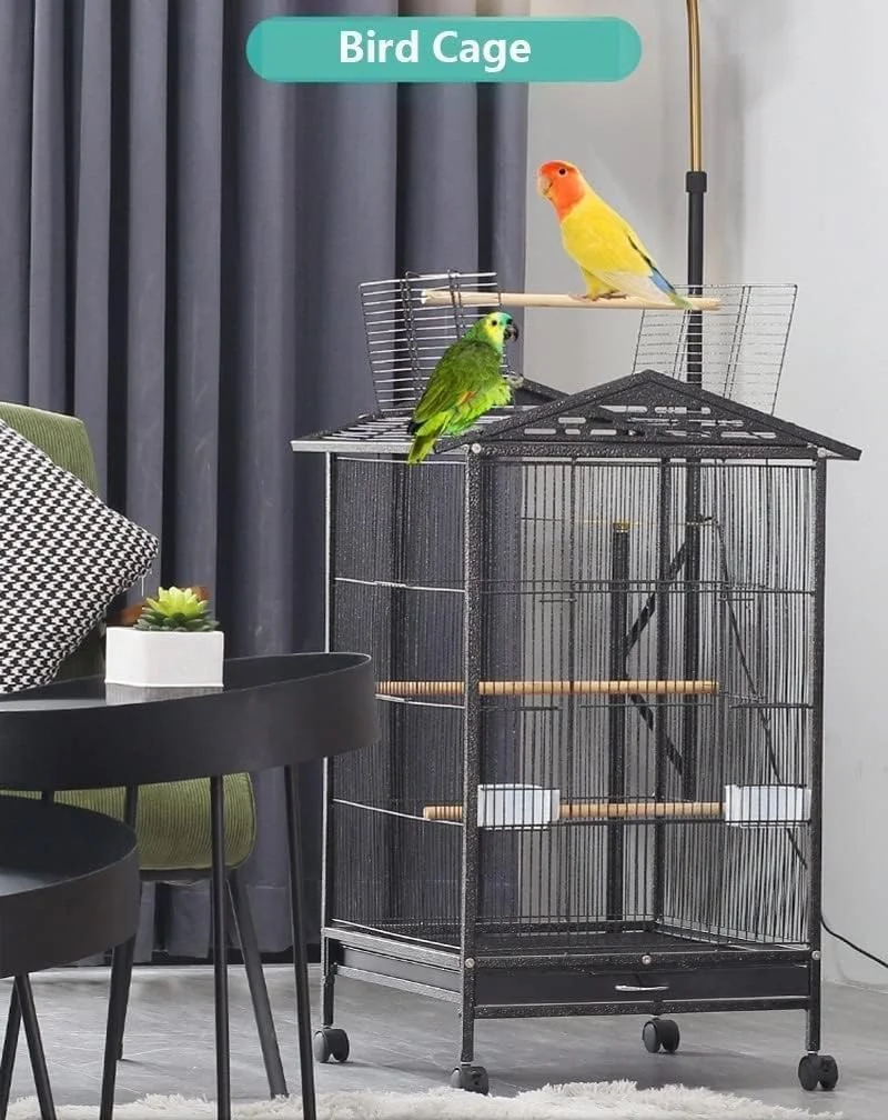 قفس بزرگ پرنده HOPHOP™ با پایه چرخ دار - قفس طوطی 38 اینچی با سینی قابل جابجایی، غذاخوری، آبخوری، محل لانه سازی برای پرندگان کوچک تا متوسط، مرغ عشق، عروس هلندی، مرغ باجریگار، طوطی، کبوتر