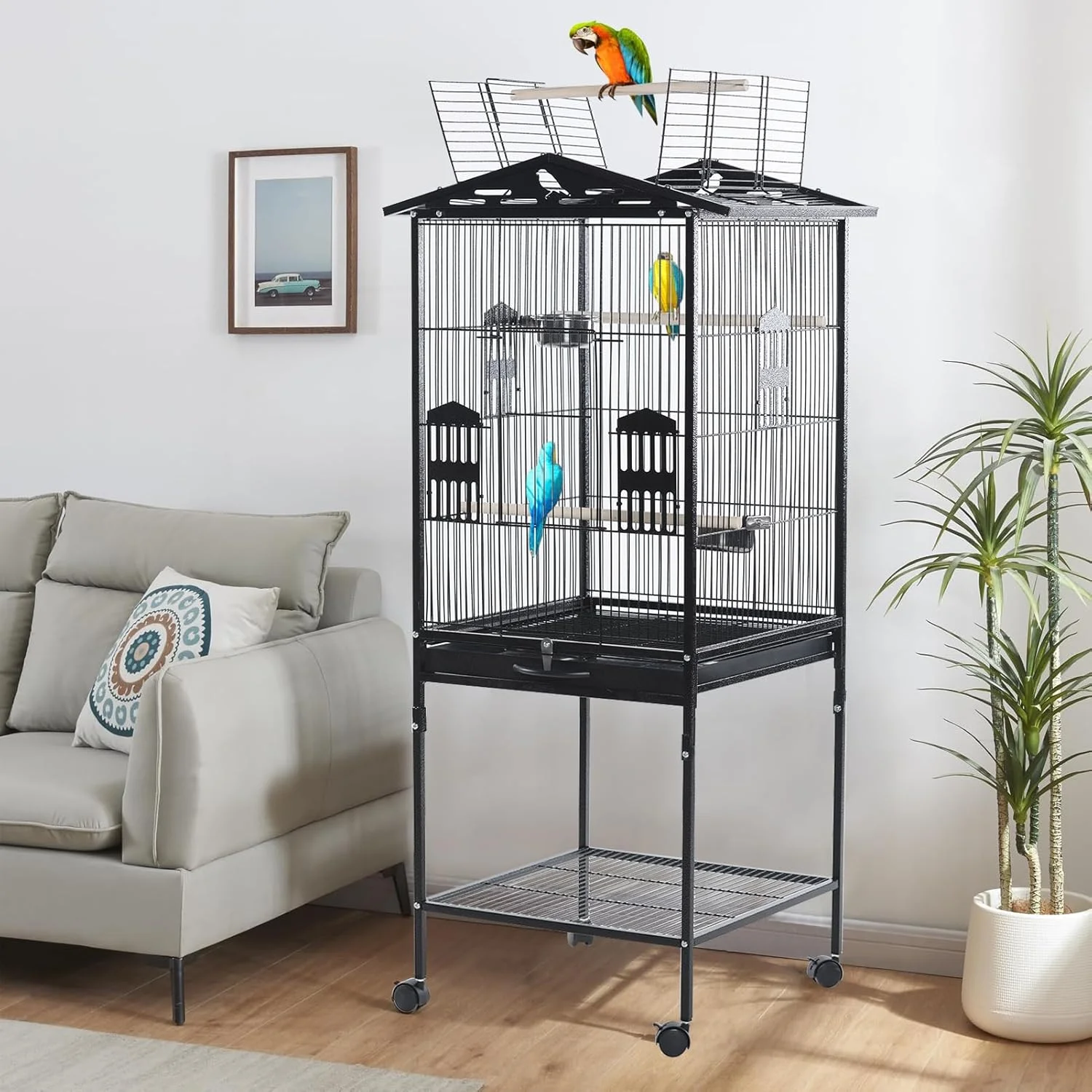 قفس پرنده فلزی بزرگ اینگونار سایز 52 اینچ با سقف باز، قفس ایستاده طوطی/مرغ عشق، قفس پرواز پرنده با پایه چرخ دار و سینی زیر، خانه ویلایی پرنده با 2 فنجان تغذیه استیل ضد زنگ برای پرندگان