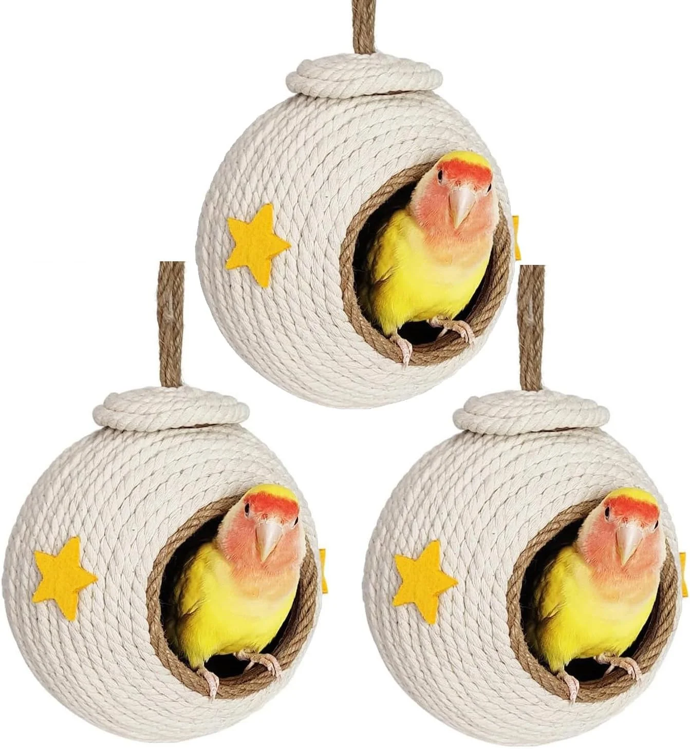 خانه پرنده 3 تکه با طناب بافته نارگیلی، لانه پرنده نارگیلی طبیعی با روکش بافته شده، لانه پرنده برای طوطی (سفید)