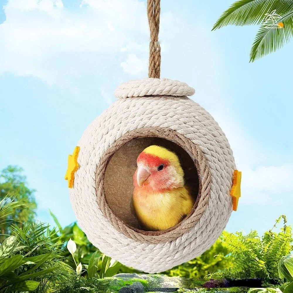 خانه پرنده 3 تکه با طناب بافته نارگیلی، لانه پرنده نارگیلی طبیعی با روکش بافته شده، لانه پرنده برای طوطی (سفید)