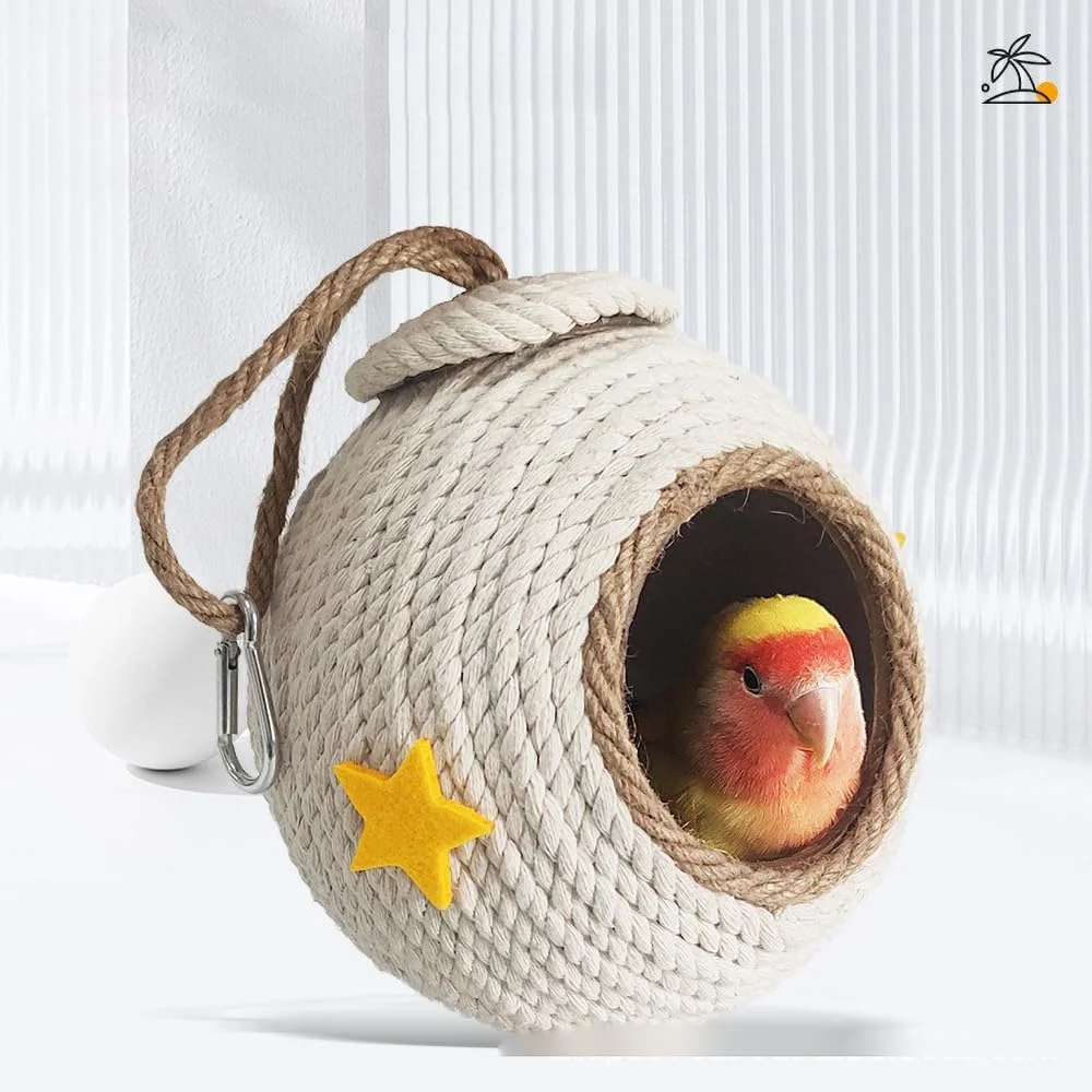 خانه پرنده 3 تکه با طناب بافته نارگیلی، لانه پرنده نارگیلی طبیعی با روکش بافته شده، لانه پرنده برای طوطی (سفید)