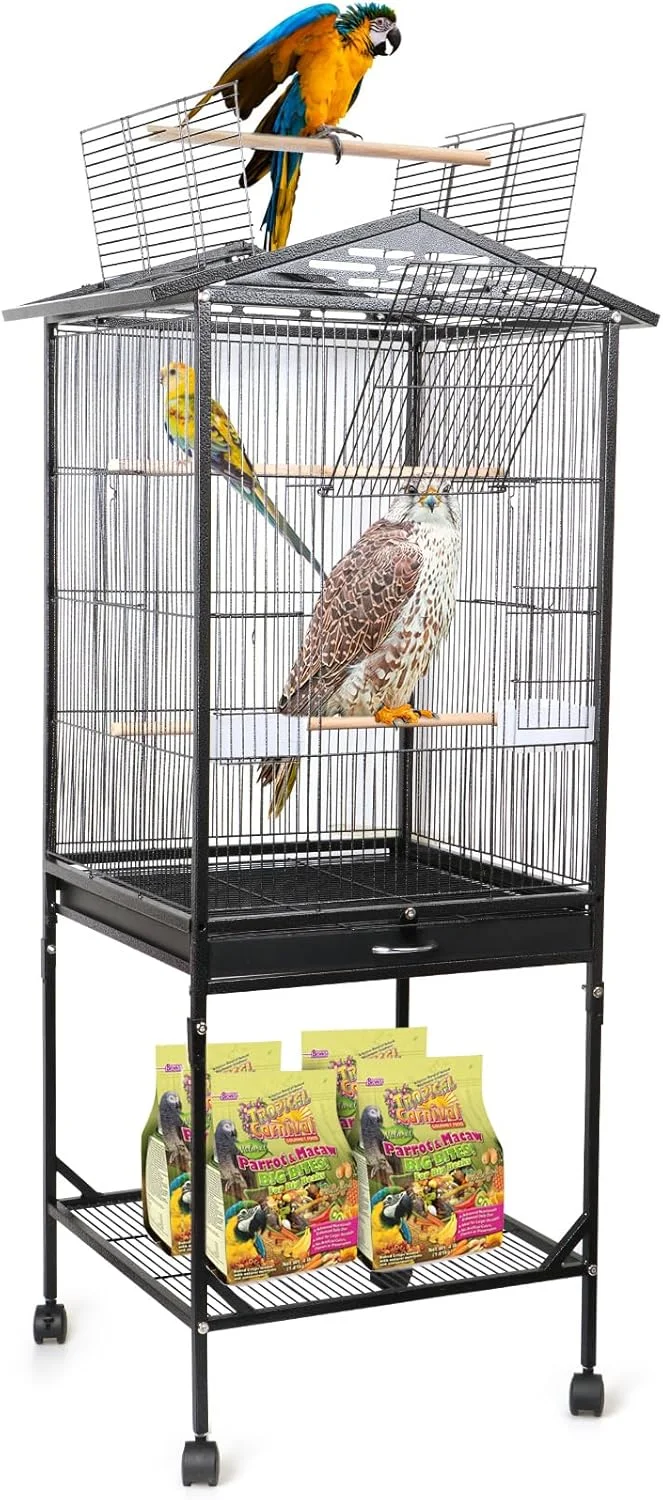 قفس بزرگ فلزی پرنده هومارکت، قفس ایستاده با سقف باز برای طوطی و مرغ عشق، قفس پرواز پرنده با پایه چرخ دار و سینی زیرین، خانه ویلایی پرنده با فنجان غذا (مشکی 2 لایه 46X46X120 سانتی متر)