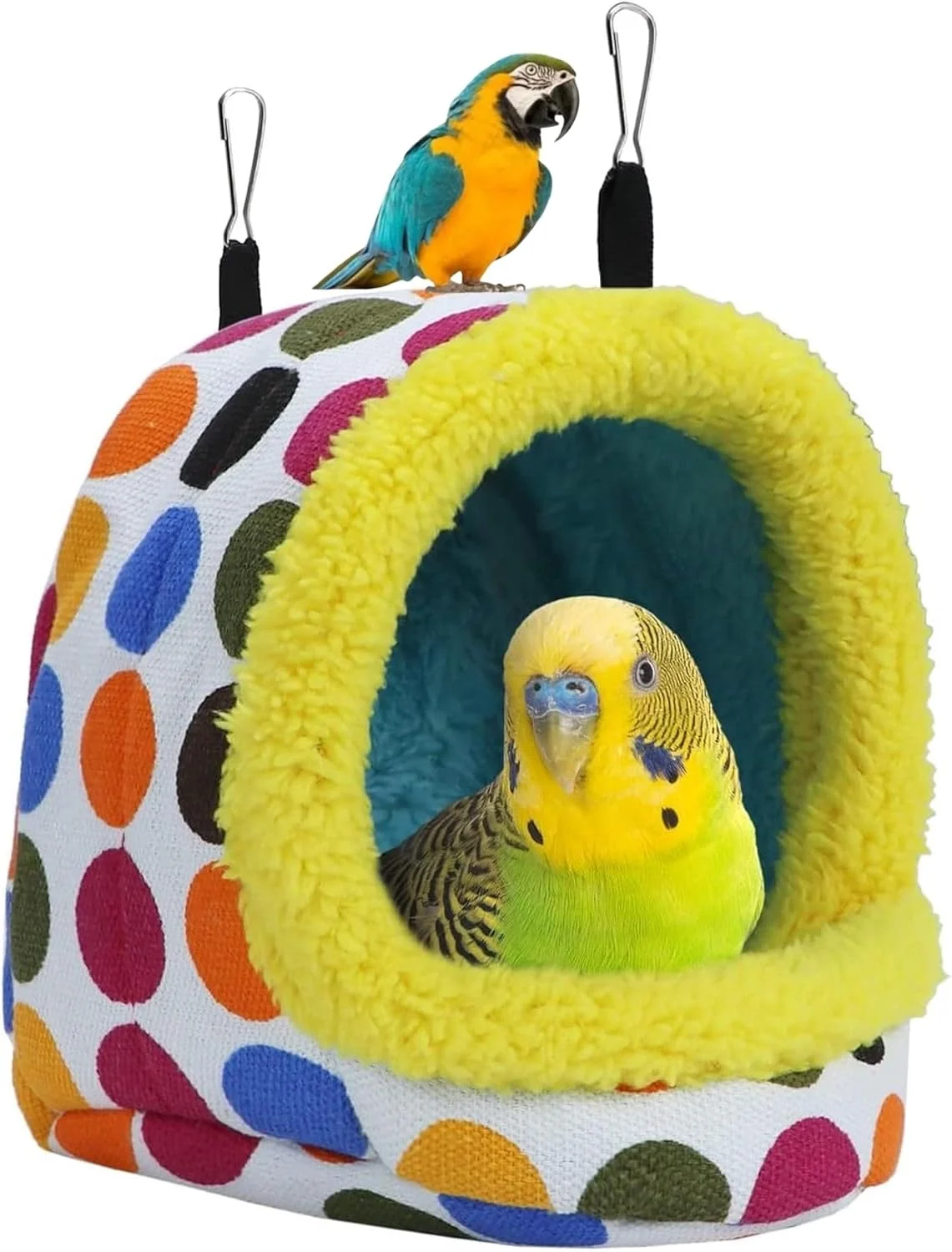 لانه پرنده HONPOLO، تختخواب پنبه ای ضخیم عایق بندی شده برای طوطی ها، همسترها، چینچیلاها، کیسه خواب زمستانی دنج و گرم، اندازه 18x18x22 سانتی متر، اسباب بازی آویز و گیره قفل برای اتصال آسان