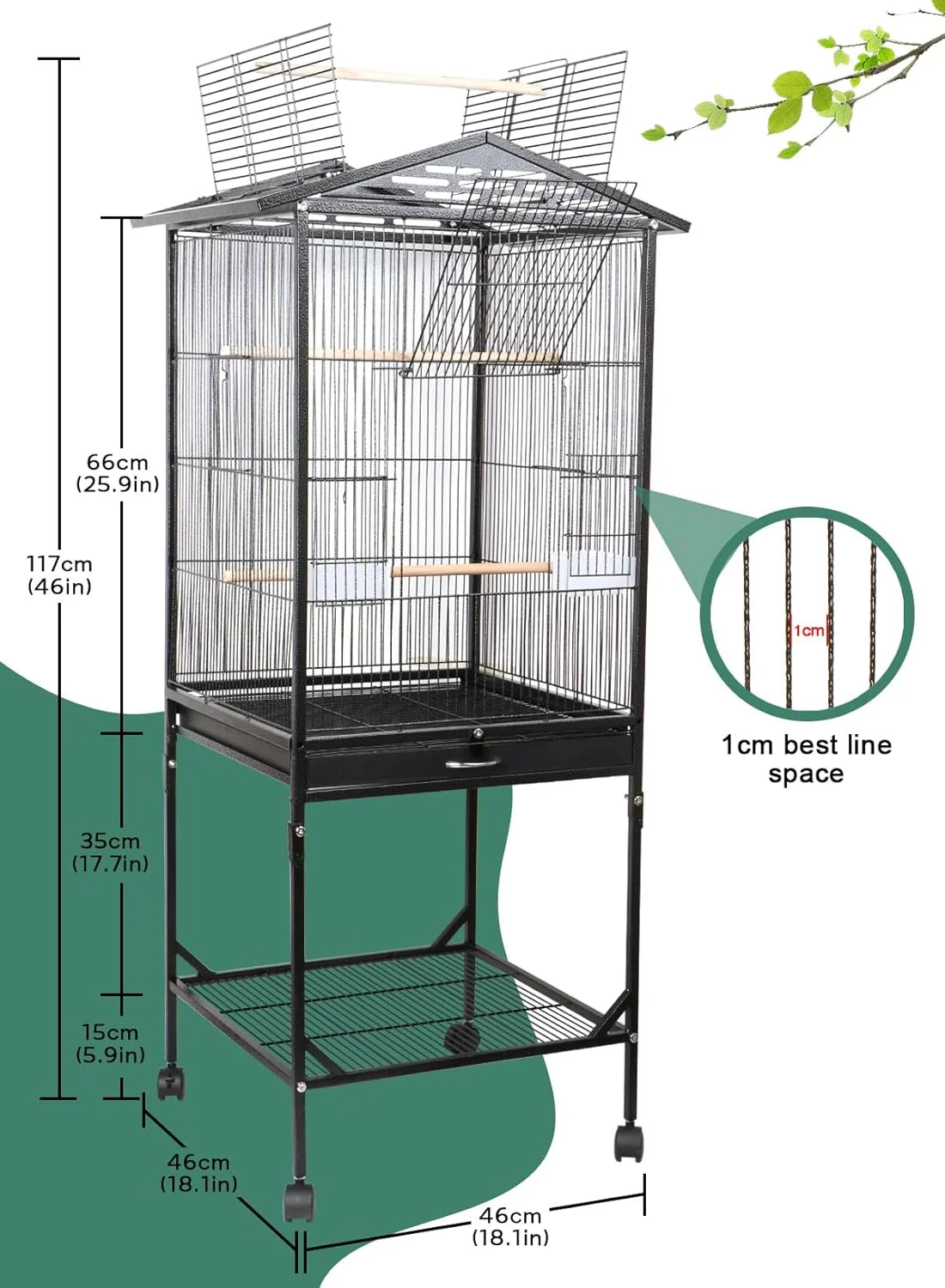 قفس بزرگ فلزی پرنده هومارکت، قفس ایستاده با سقف باز برای طوطی و مرغ عشق، قفس پرواز پرنده با پایه چرخ دار و سینی زیرین، خانه ویلایی پرنده با فنجان غذا (مشکی 2 لایه 46X46X120 سانتی متر)