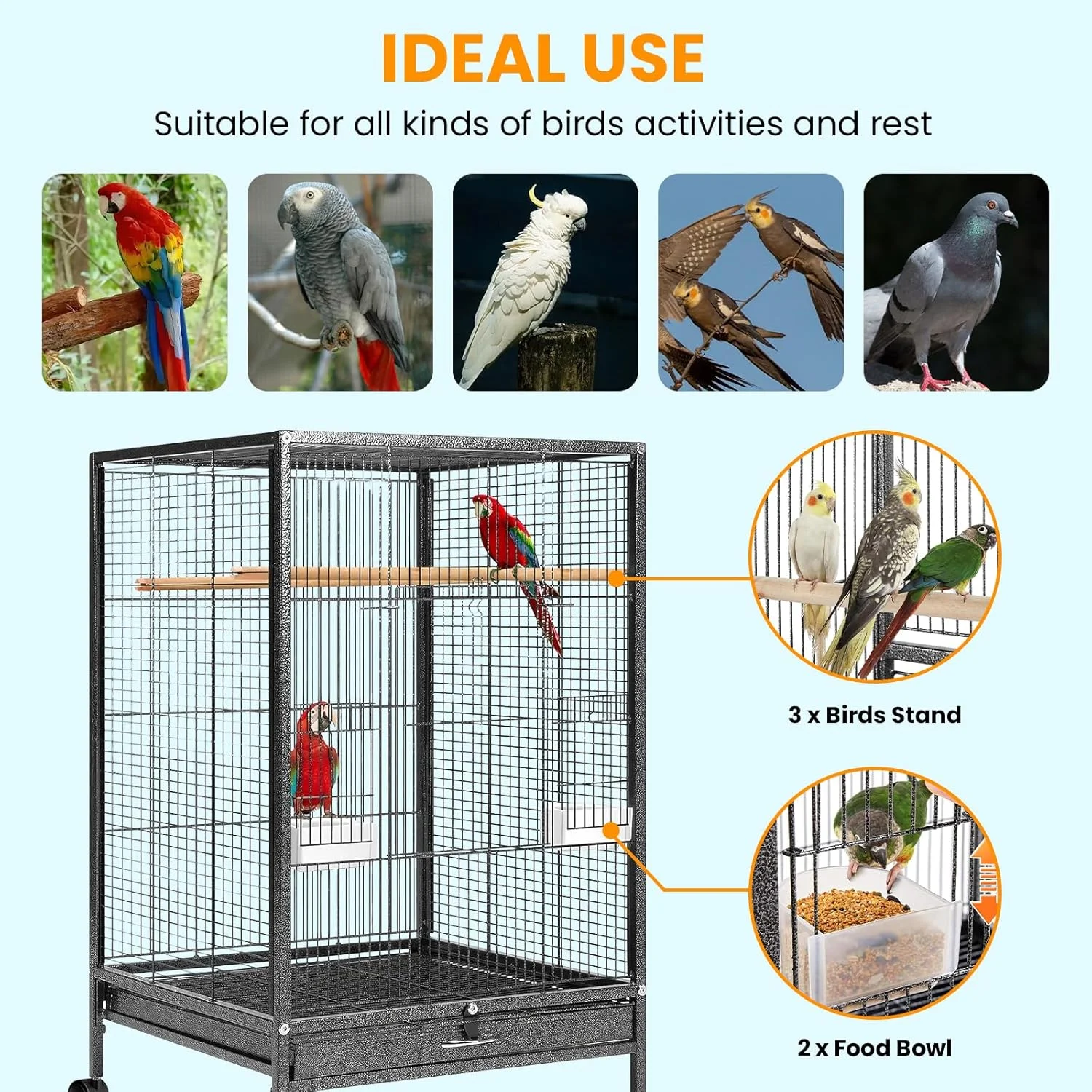 قفس بزرگ پرنده، قفس فلزی پرندگان با ارتفاع 76 سانتی متر به همراه پایه چرخ دار برای طوطی های متوسط و عروس هلندی