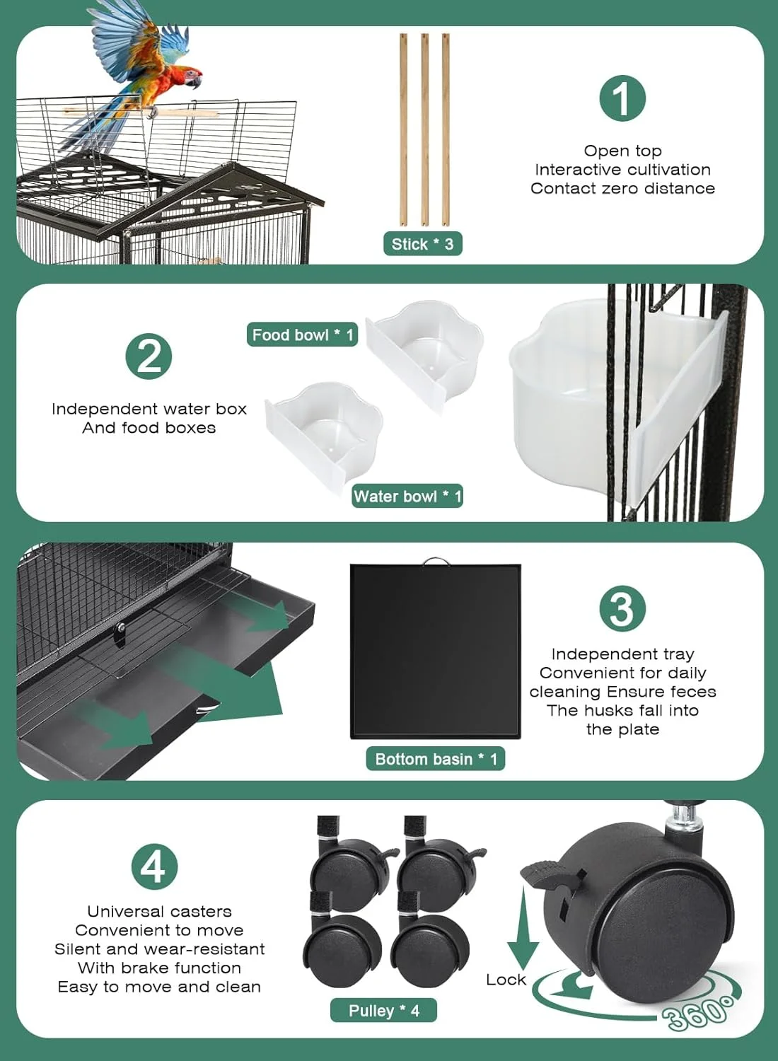 قفس بزرگ فلزی پرنده هومارکت، قفس ایستاده با سقف باز برای طوطی و مرغ عشق، قفس پرواز پرنده با پایه چرخ دار و سینی زیرین، خانه ویلایی پرنده با فنجان غذا (مشکی 2 لایه 46X46X120 سانتی متر)