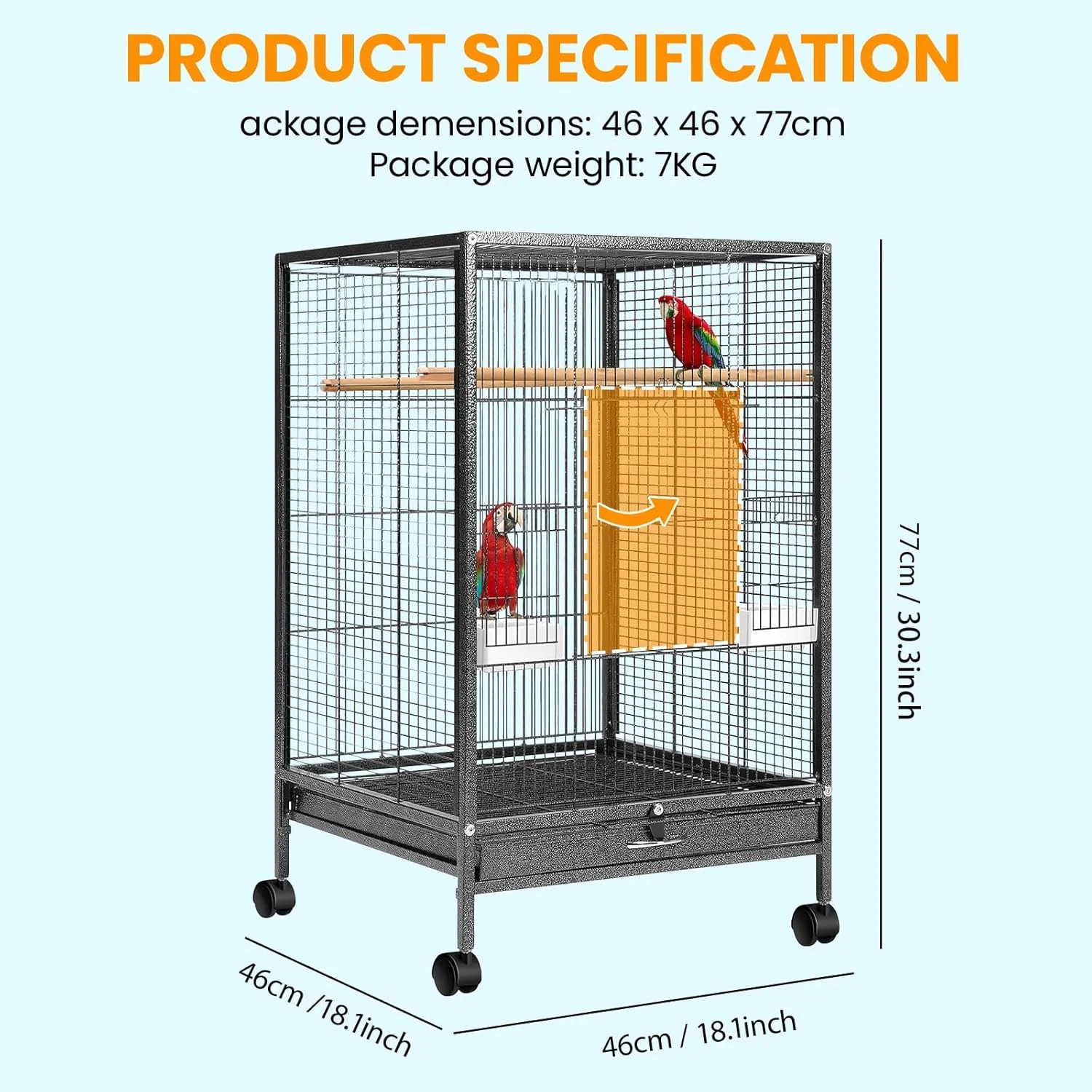 قفس بزرگ پرنده، قفس فلزی پرندگان با ارتفاع 76 سانتی متر به همراه پایه چرخ دار برای طوطی های متوسط و عروس هلندی