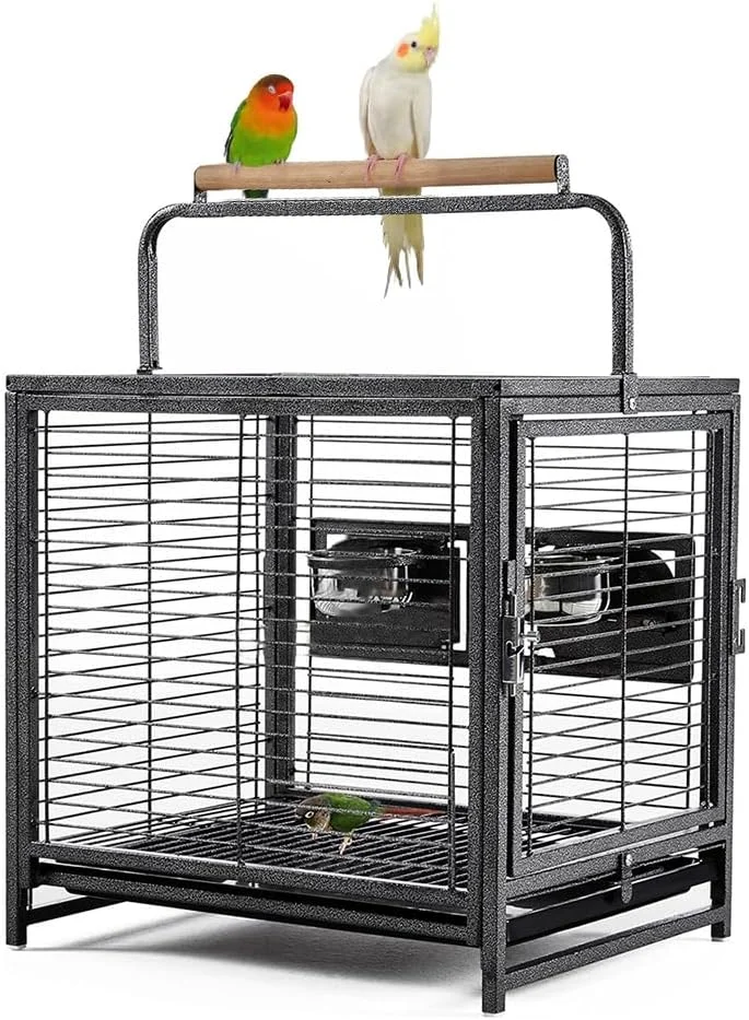 قفس حمل پرنده HCLSHOP، جنس آهن فرفورژه، مقاوم و قابل حمل، به همراه میله نشیمن، مناسب برای طوطی، گرین کانور، مرغ عشق، عروس هلندی، پاراکیت، مشکی، سایز 19 اینچ