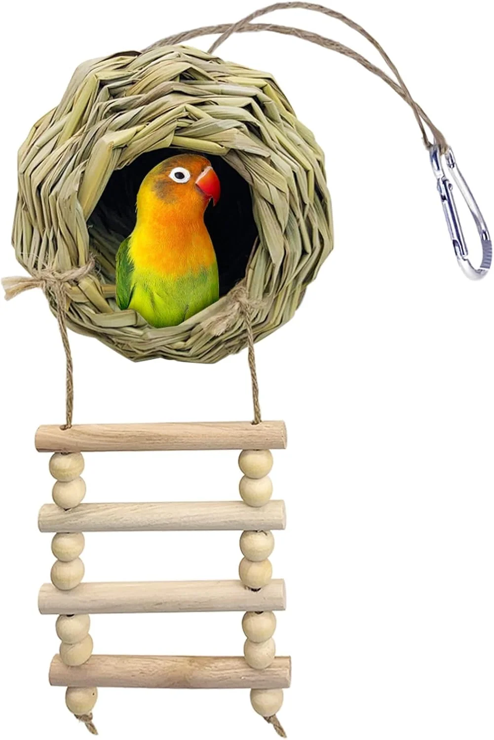 لانه آویز پرنده با نردبان، خانه پرنده بافته شده از علف، لانه سازی طبیعی پرندگان برای پاسیو، چمن، باغ، دکوراسیون داخلی و خارجی