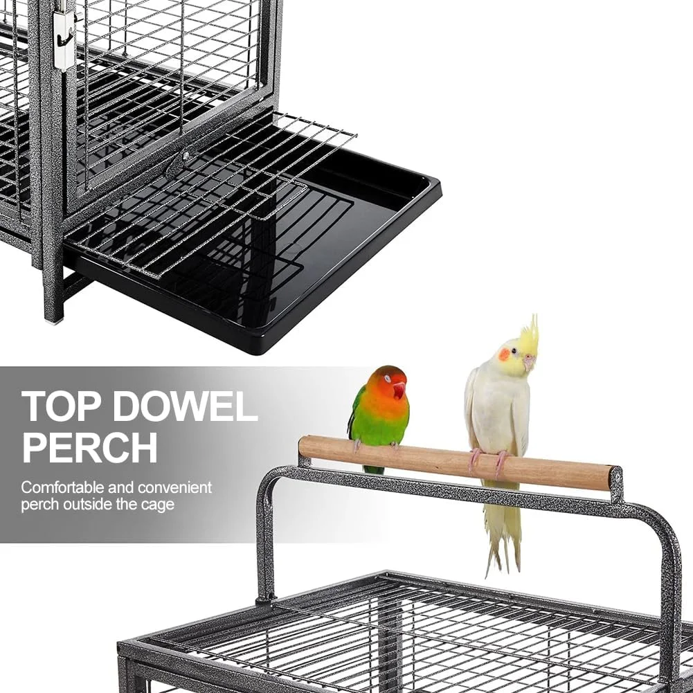 قفس حمل پرنده HCLSHOP، جنس آهن فرفورژه، مقاوم و قابل حمل، به همراه میله نشیمن، مناسب برای طوطی، گرین کانور، مرغ عشق، عروس هلندی، پاراکیت، مشکی، سایز 19 اینچ