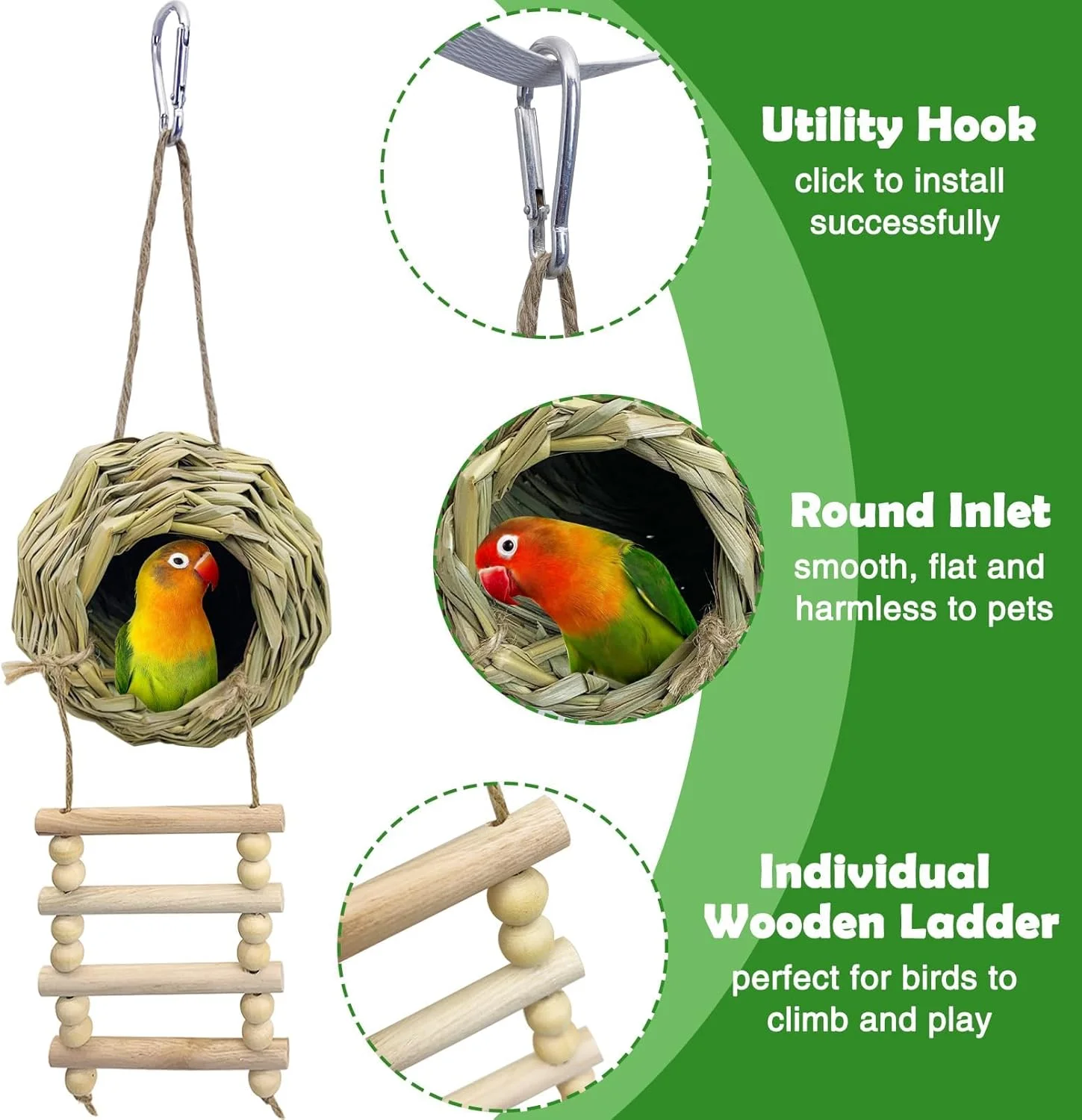 لانه آویز پرنده با نردبان، خانه پرنده بافته شده از علف، لانه سازی طبیعی پرندگان برای پاسیو، چمن، باغ، دکوراسیون داخلی و خارجی