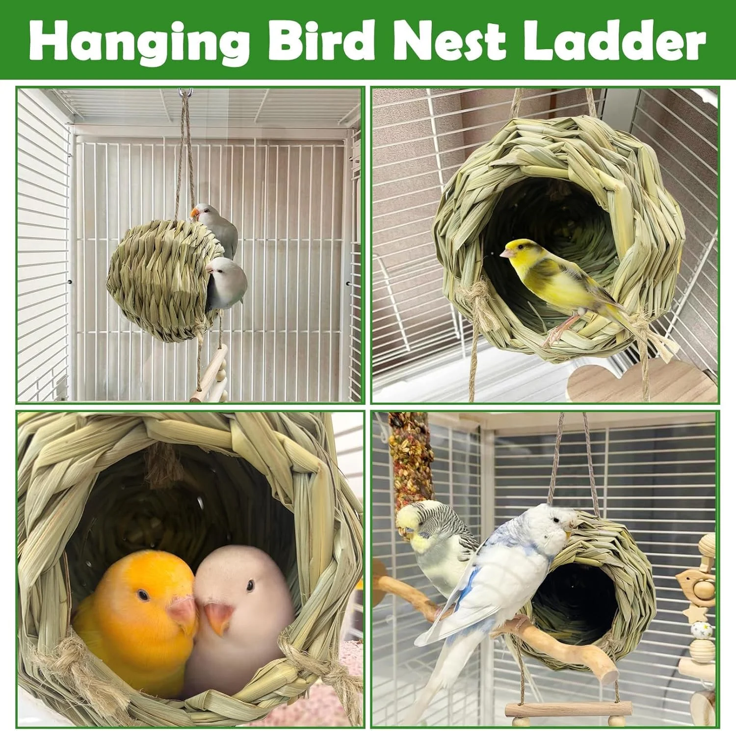 لانه آویز پرنده با نردبان، خانه پرنده بافته شده از علف، لانه سازی طبیعی پرندگان برای پاسیو، چمن، باغ، دکوراسیون داخلی و خارجی