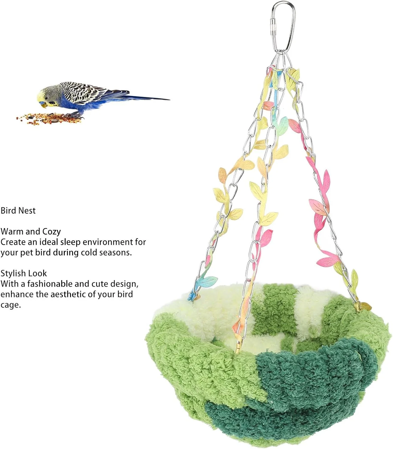 لانه گرم و نرم پرنده، تخت آویز تاب دار قفس پرنده، مناسب برای کانور، مرغ عشق، قناری، فنچ، پرندگان مخروطی شکل، همستر و حیوانات خانگی کوچک (L 195x200x140cm)
