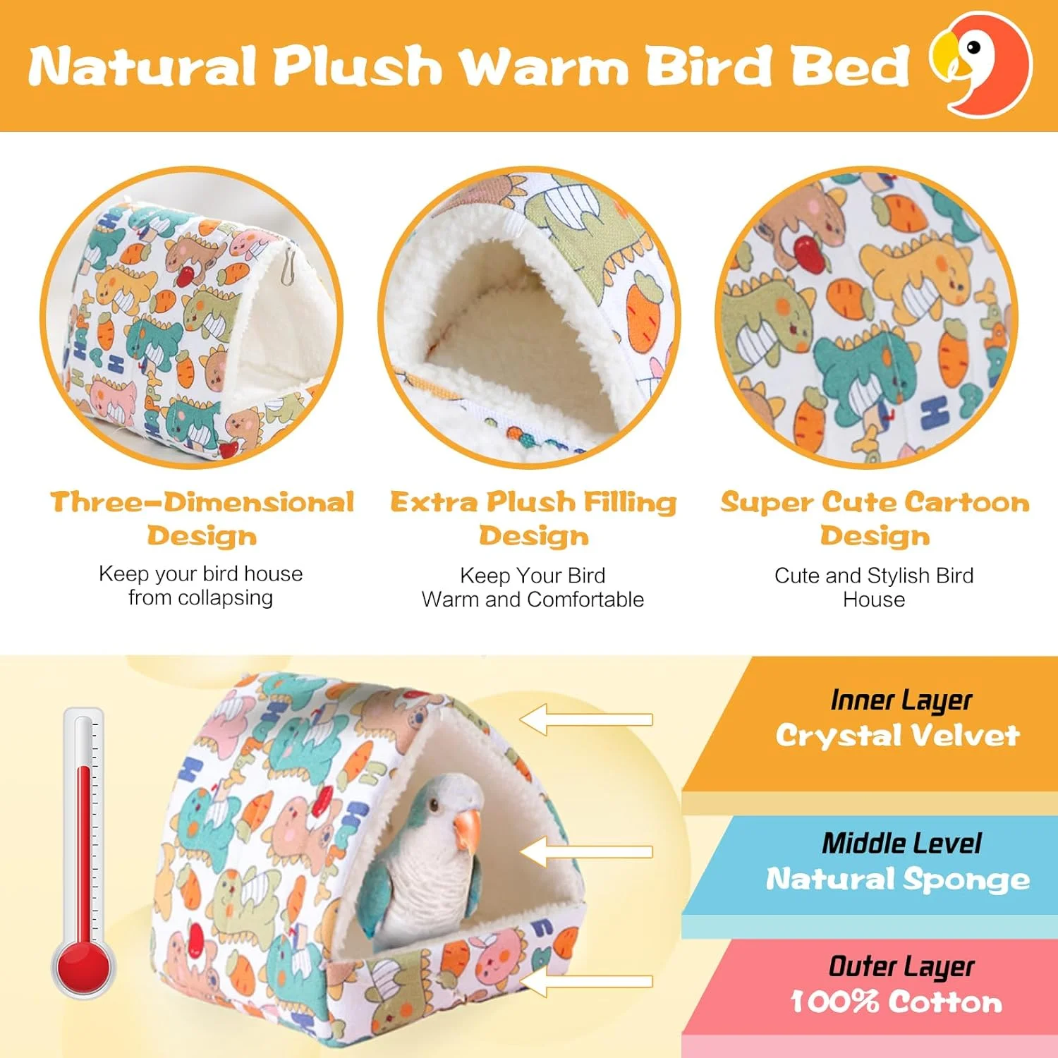 لانه پرنده گرم و نرم برای لوازم جانبی قفس پرندگان، خانه حیوانات کوچک سازگار با پوست، هاموک آویز برای اسباب بازی طوطی، خانه تخت خواب راحت برای کانورها، پاراکیت ها، خاکستری آفریقایی، مرغ عشق (دایناسور سفید، سایز بزرگ)