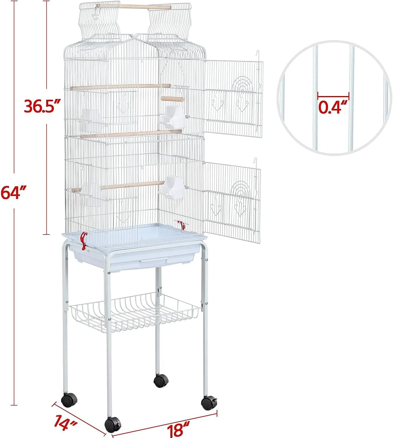 Egardenkart® قفس پرنده با سقف باز و پایه چرخ دار مناسب برای عروس هلندی، کانور خورشیدی و مرغ عشق (سفید)