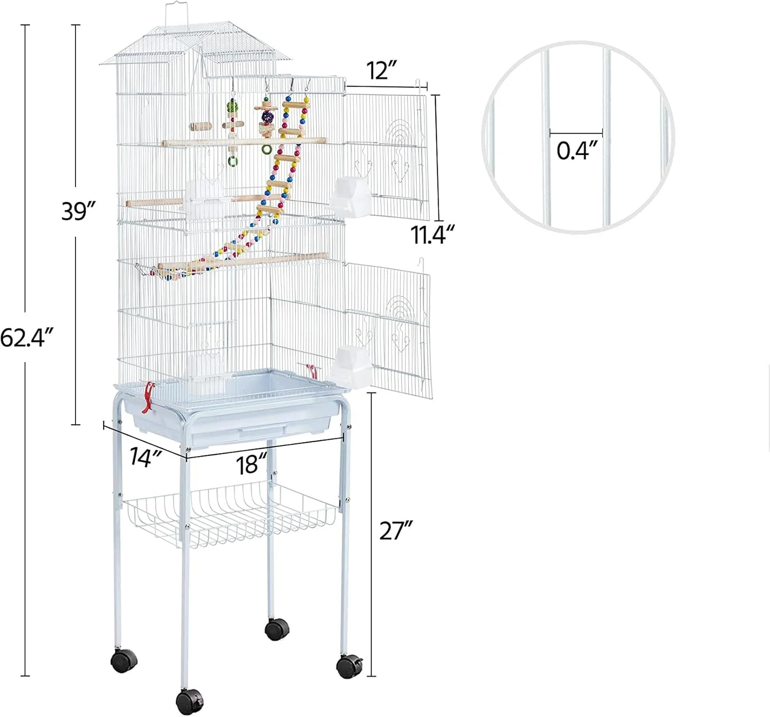 Egardenkart® قفس بزرگ پرنده سقفی با پایه چرخ دار برای عروس هلندی، کانور خورشیدی، مرغ عشق (سفید)