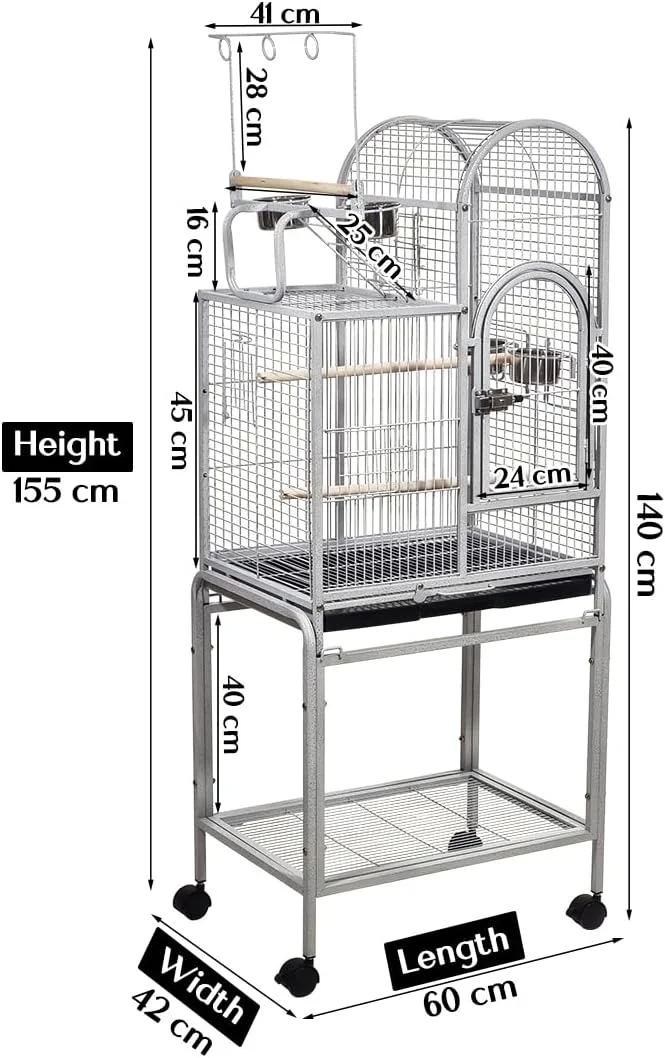 قفس طوطی با قسمت بازی در بالا، بادوام و دارای پایه، قفس پرنده فلزی 155 سانتی متری با قفسه نگهداری، سینی قابل جابجایی، کاسه های غذا و میله های نشیمن، مناسب برای استفاده در داخل و خارج از خانه، تمیز کردن آسان (خاکستری)