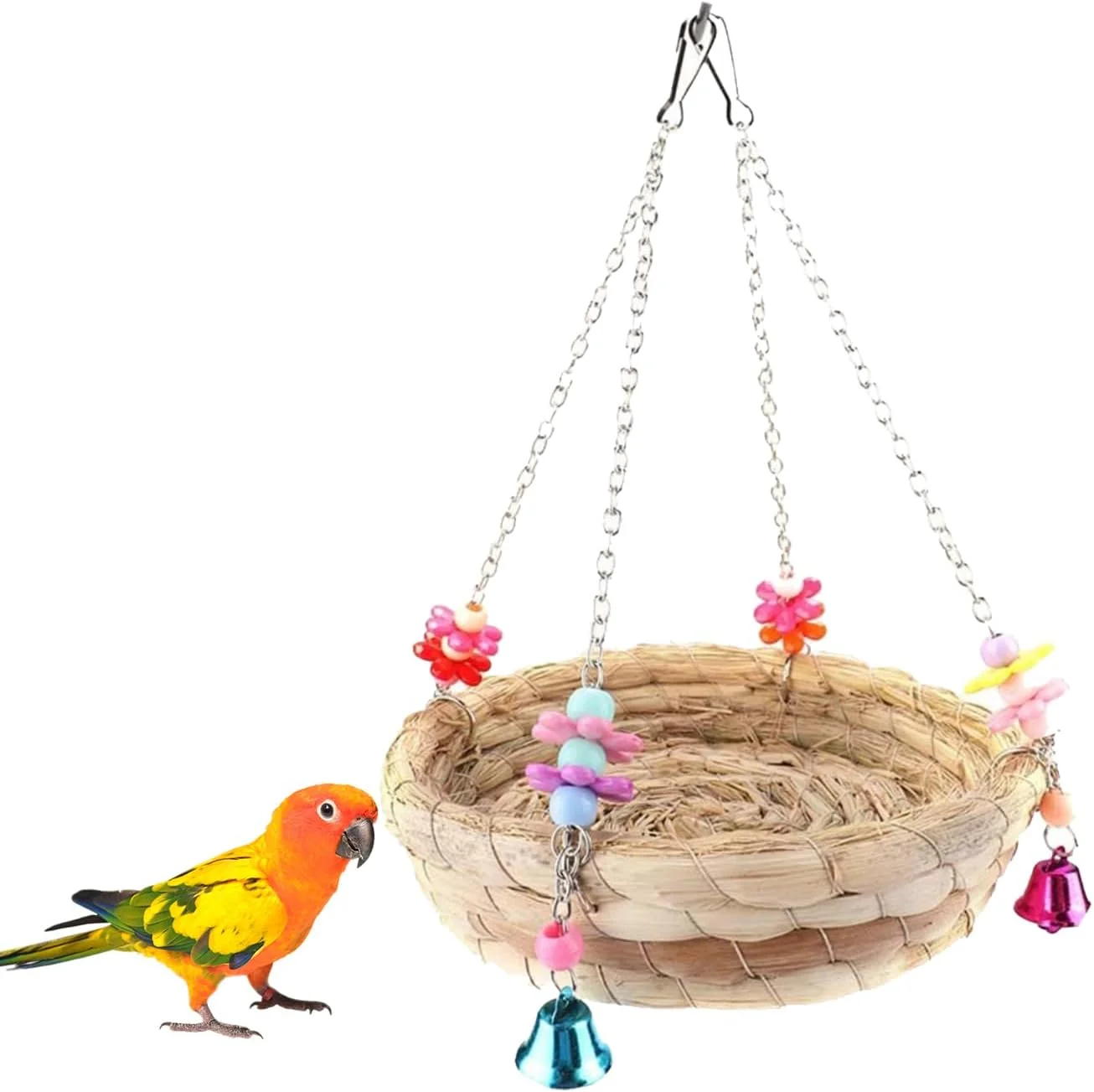 لانه طوطی DVOFU، اسباب بازی طوطی، لانه حصیری طبیعی، لانه کاهی، تخت تاب دار با 4 زنگ فلزی برای مرغ عشق، فنچ، قناری، مرغ باجریگار