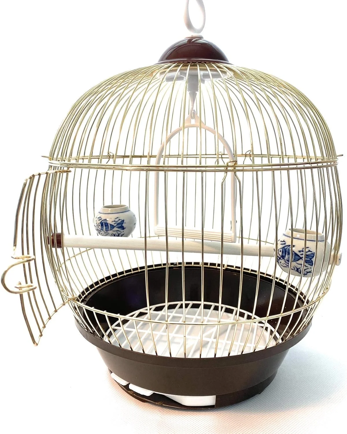 قفس پرنده طرح قفس پرنده دبی، روکش طلایی استیل ضد زنگ، دارای پایه قفس، فنجان های پلاستیکی آب و غذا، تمیز کردن آسان، مناسب برای پرندگان کوچک تا متوسط