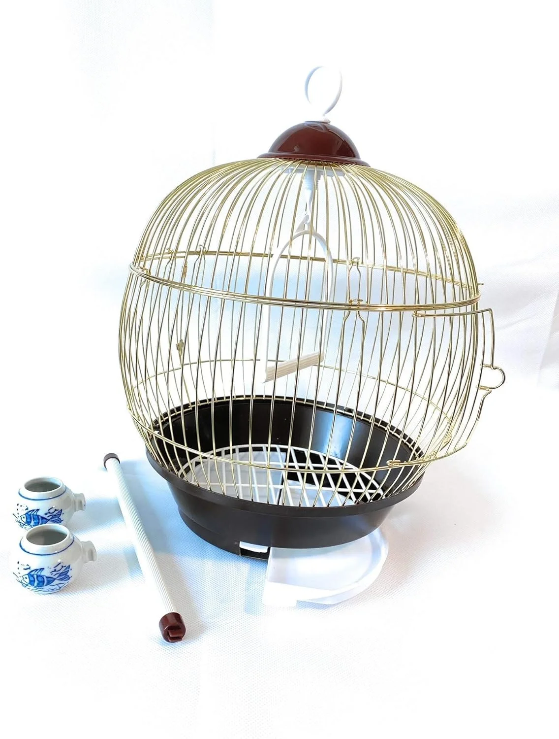 قفس پرنده طرح قفس پرنده دبی، روکش طلایی استیل ضد زنگ، دارای پایه قفس، فنجان های پلاستیکی آب و غذا، تمیز کردن آسان، مناسب برای پرندگان کوچک تا متوسط