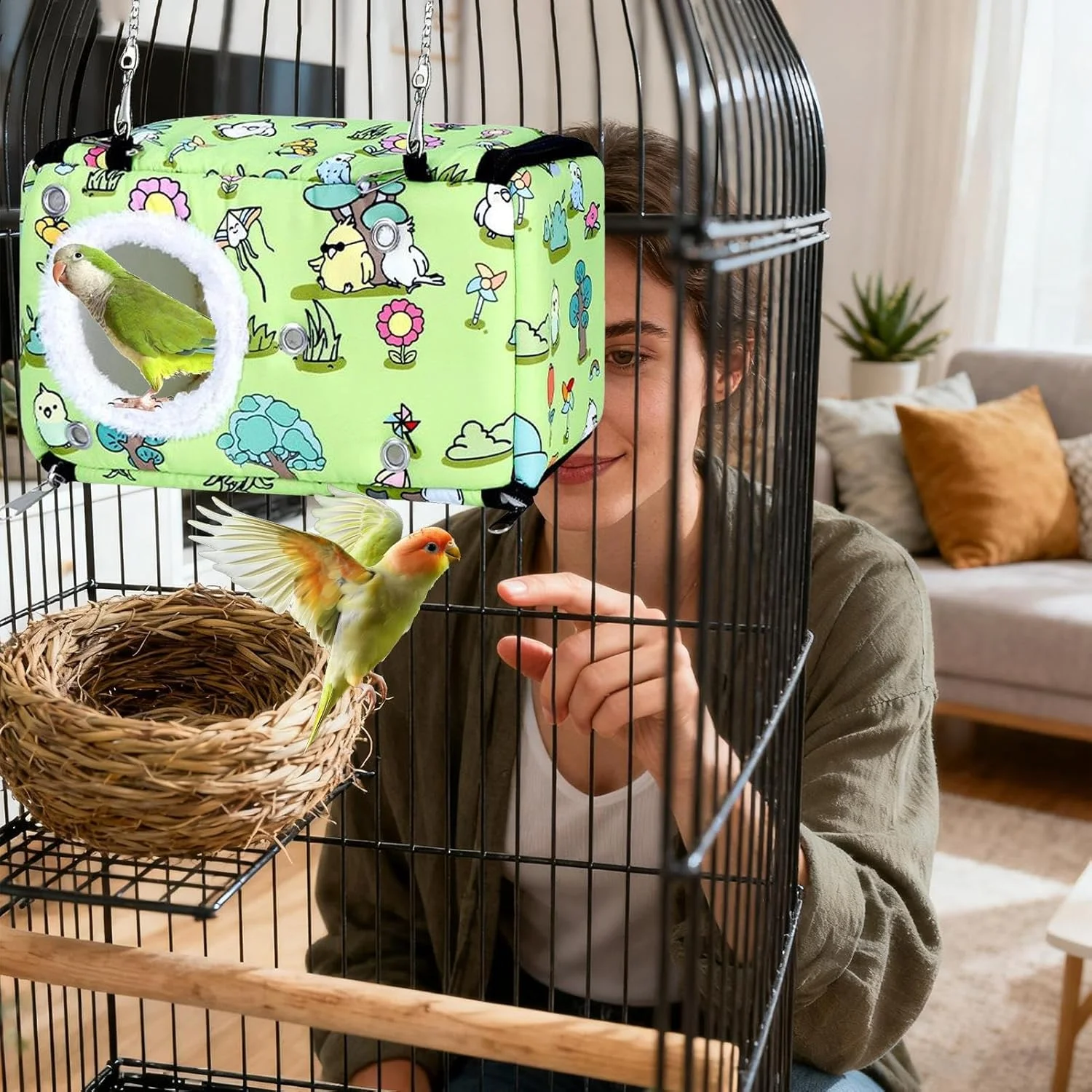تخت طوطی، ضخیم و راحت - خانه لانه پرنده گرم بزرگ، برای زمان استراحت در قفس داخلی، خانه خواب در هوای سرد، تندرستی، لانه سازی مراقبت روزانه از حیوانات خانگی