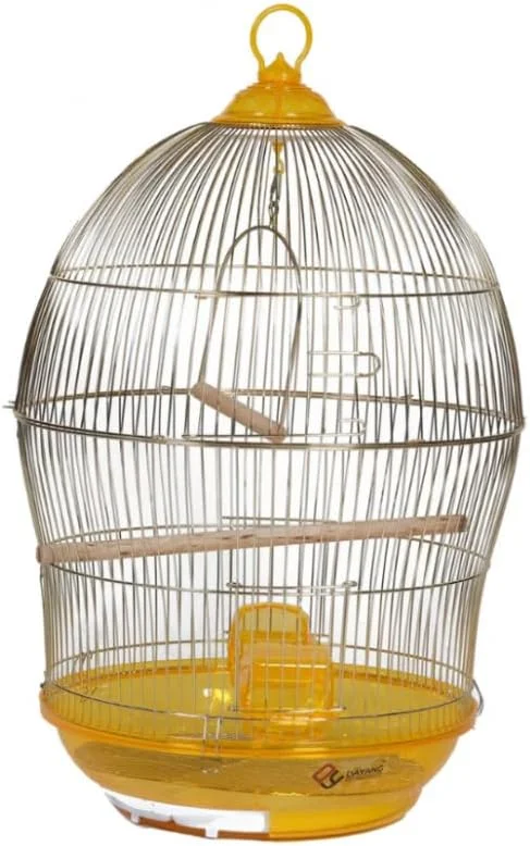 قفس پرنده گنبدی گرد هایسن پت با میله نشیمن، پایه و تاج زرد، ساختار سیم فلزی - 48.5 x 48.5 x 76 سانتی متر