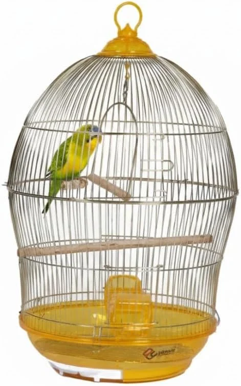 قفس پرنده گنبدی گرد هایسن پت با میله نشیمن، پایه و تاج زرد، ساختار سیم فلزی - 48.5 x 48.5 x 76 سانتی متر