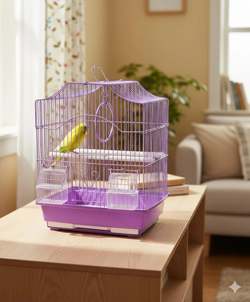 قفس پرنده هایسن پت با میله نشیمن و غذاخوری، بنفش، طراحی تزئینی، ساختار سیم فلزی - 30x23x39 سانتی متر