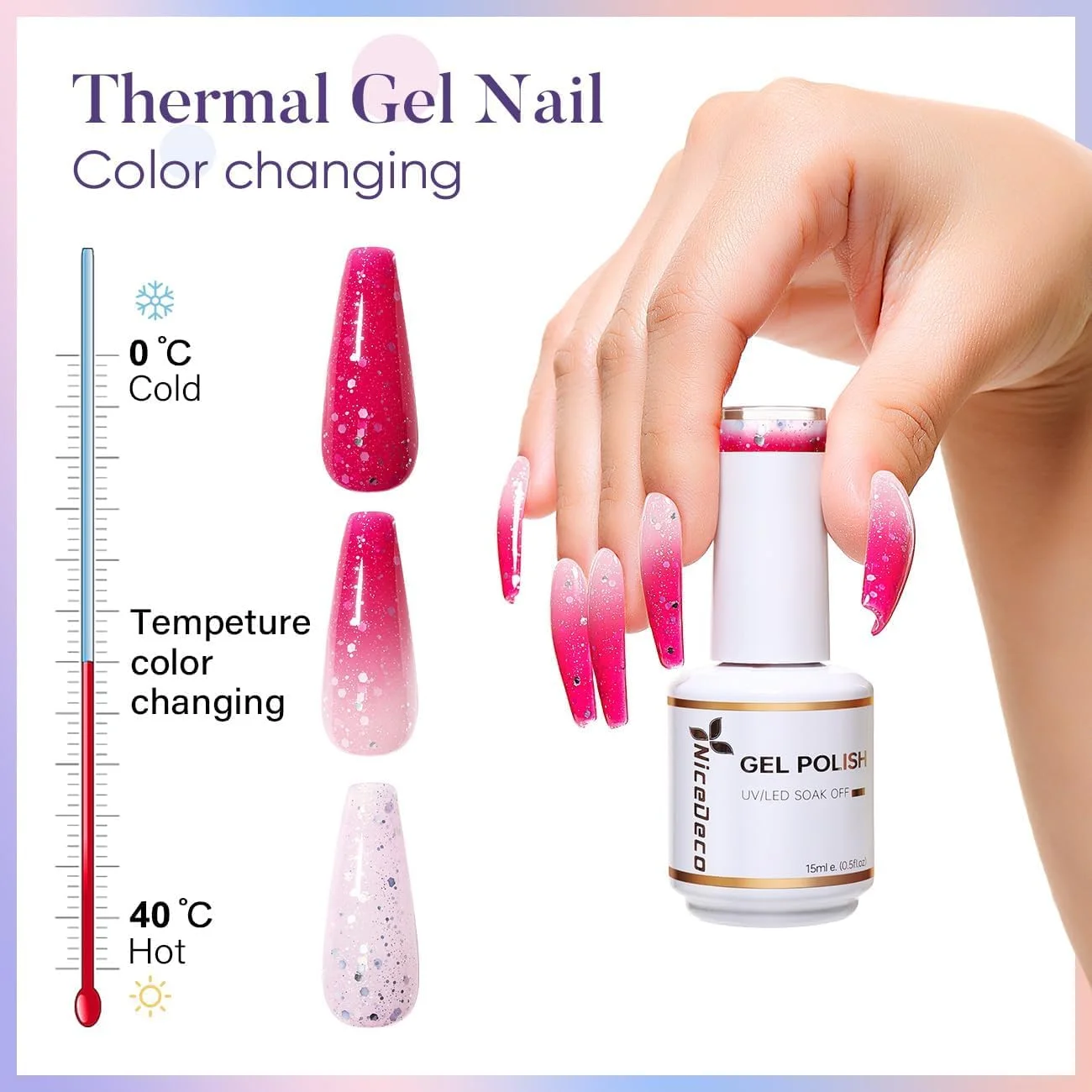 لاک ژل بدون Hema نایس دکو، 1 عدد 15 میلی لیتر، بدون تست حیوانی، وگان، لاک ژل تغییر رنگ دهنده، خیساندن LED U V ژل برای طراحی ناخن، مانیکور، سالن، DIY - BJ02