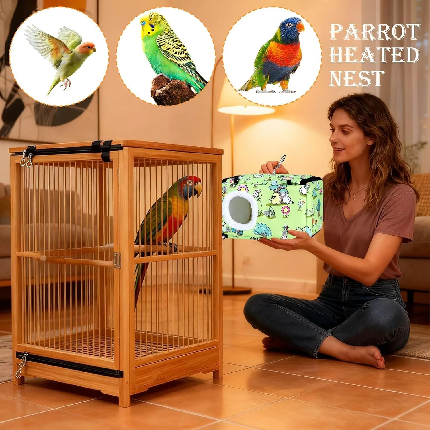 لانه پرنده برای قفس - خانه راحت - کلبه دنج گرم زمستانی پرنده - برای خوابیدن در قفس، زمان استراحت، خانه سرپوشیده، تندرستی روزانه، لانه سازی مراقبت از حیوانات خانگی در هوای سرد