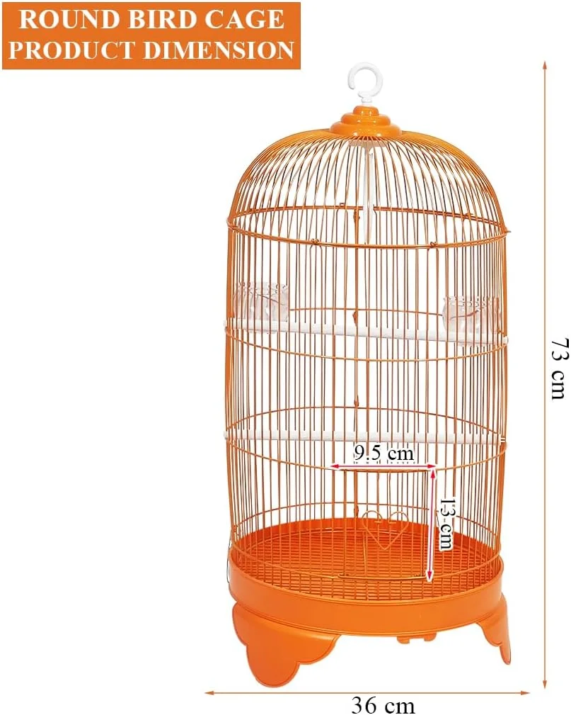 قفس پرنده قابل حمل با سقف گرد، سیم فلزی قوی و پایه جداشدنی، قفس مسافرتی 73 سانتی متری با تاب برای بازی، کاسه های غذا، میله های نشیمن و سبک وزن، ایده آل برای مرغ عشق (نارنجی)