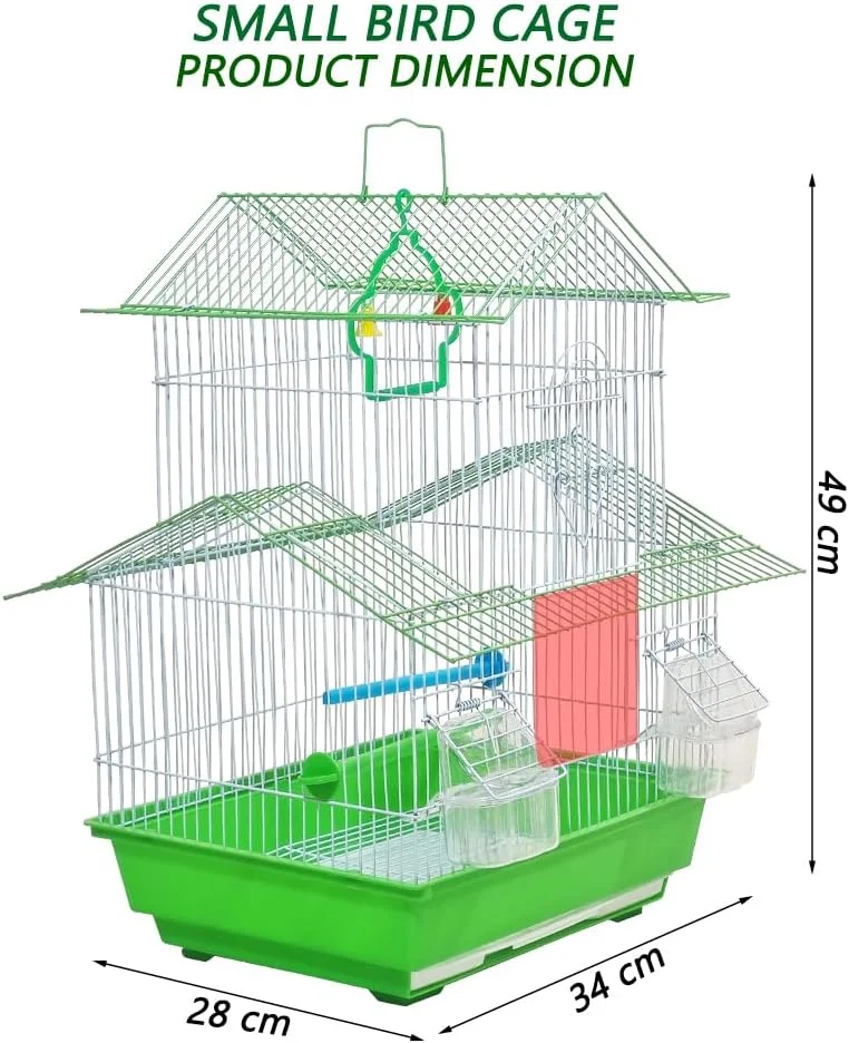 قفس پرنده سبز جمع و جور با طراحی سیم قوی، دسته حمل، ظروف غذا، میله نشیمن و اسباب بازی، قفس مسافرتی 49 سانتی متری برای پرندگان کوچک، سبک و آسان برای تمیز کردن با سینی کشویی