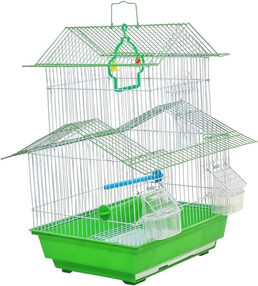 قفس مسافرتی پرنده با پایه سبز، ارتفاع 49 سانتی متر، مجهز به کاسه های غذا، میله های نشیمن پلاستیکی، اسباب بازی آویز و دسته حمل، جابجایی و تمیز کردن آسان با سینی کشویی، ایده آل برای پرندگان کوچک