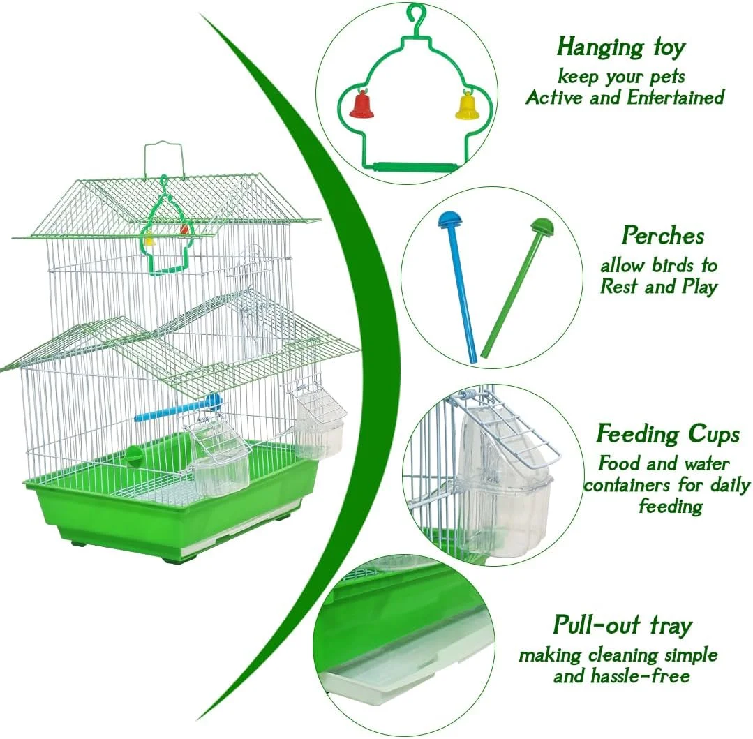 قفس پرنده سبز جمع و جور با طراحی سیم قوی، دسته حمل، ظروف غذا، میله نشیمن و اسباب بازی، قفس مسافرتی 49 سانتی متری برای پرندگان کوچک، سبک و آسان برای تمیز کردن با سینی کشویی