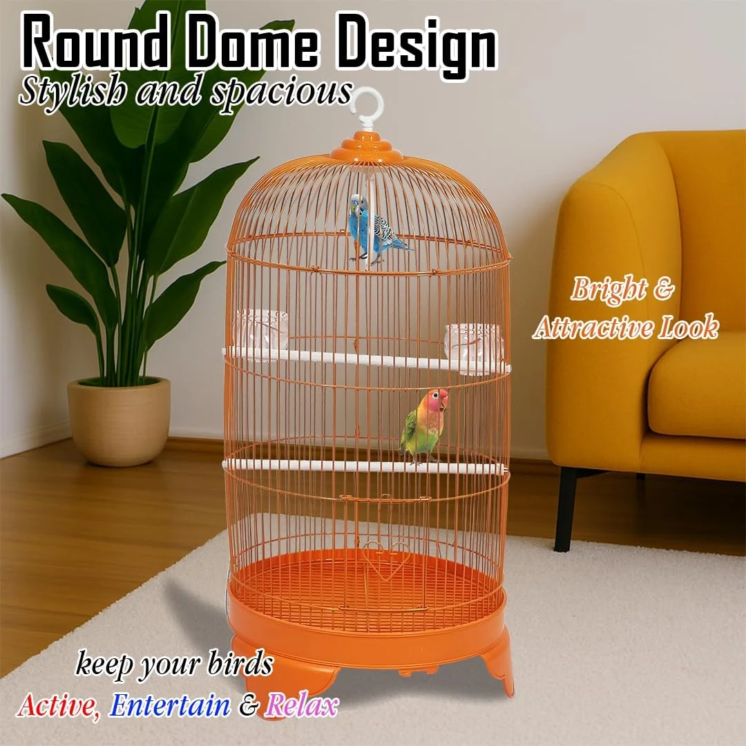قفس پرنده قابل حمل با سقف گرد، سیم فلزی قوی و پایه جداشدنی، قفس مسافرتی 73 سانتی متری با تاب برای بازی، کاسه های غذا، میله های نشیمن و سبک وزن، ایده آل برای مرغ عشق (نارنجی)
